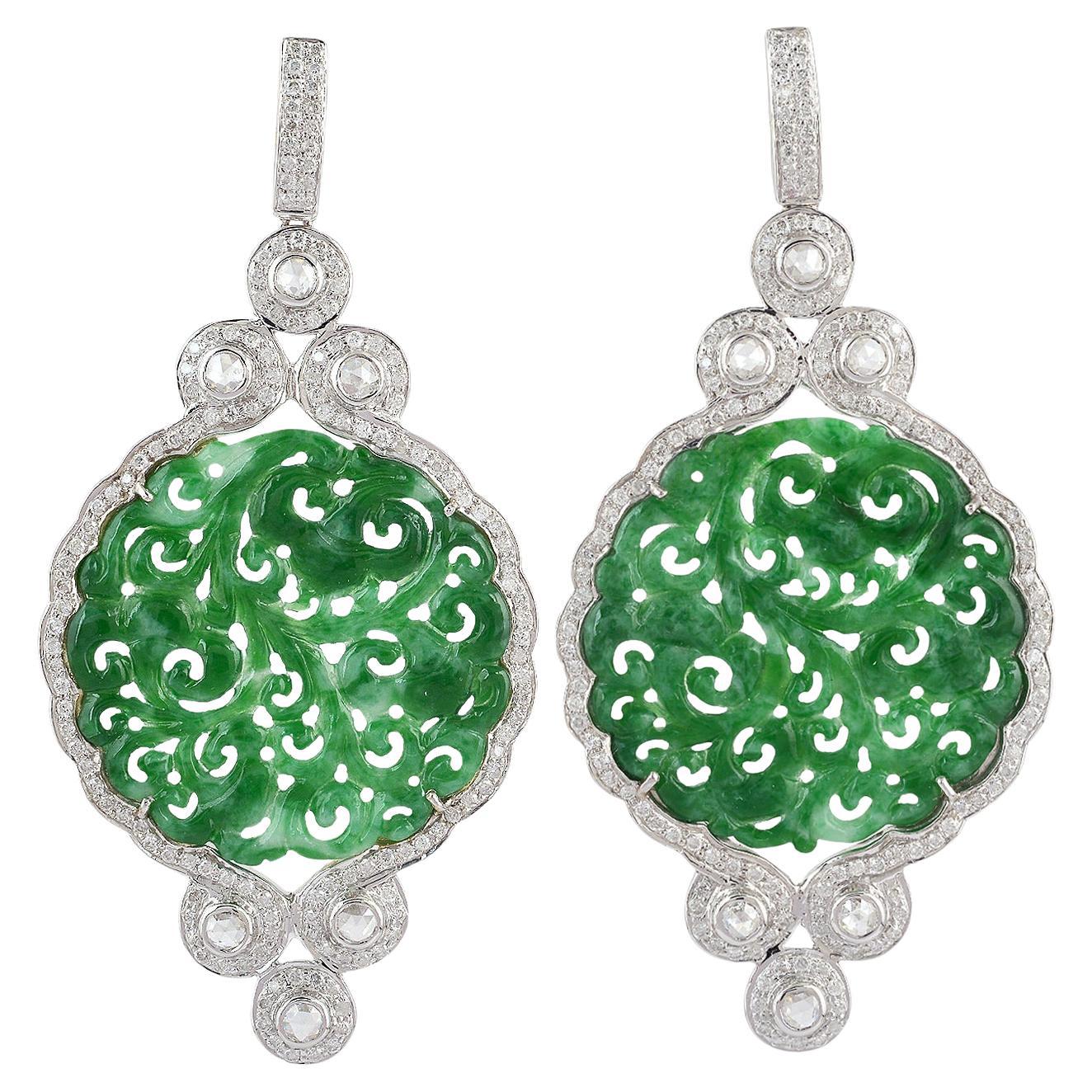 18.2ct Carved Jade Dangle Earrings With Diamonds Made In 18k White Gold For Sale