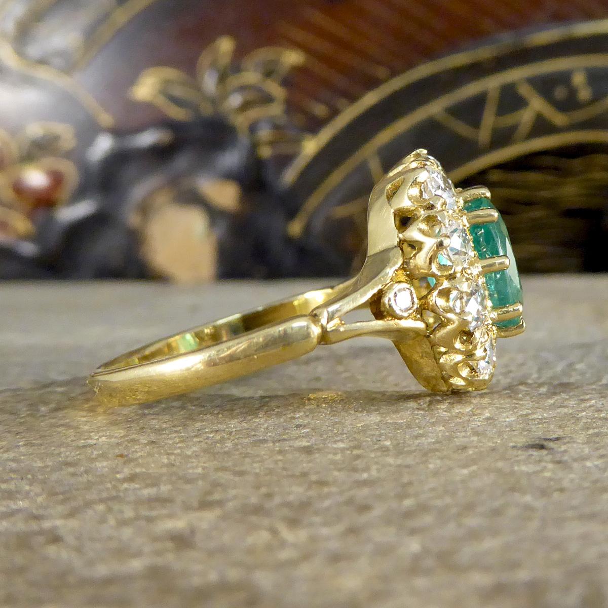 Edwardian 1.82ct Emerald and 1.20ct Old Cut Diamond Cluster Ring in 18ct Yellow Gold