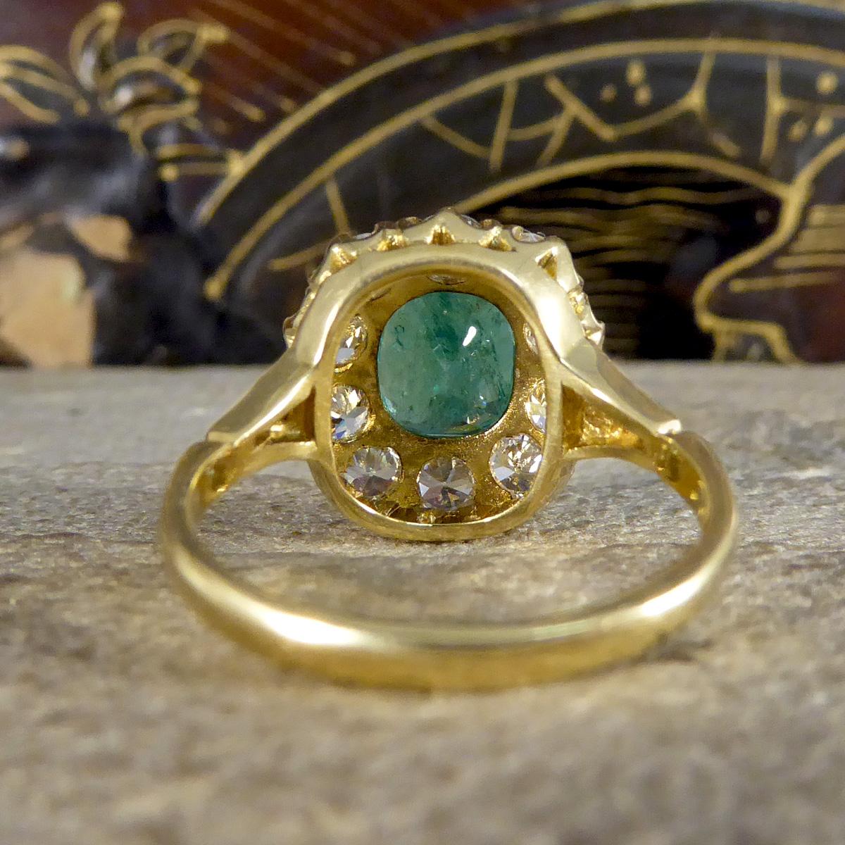 Old European Cut 1.82ct Emerald and 1.20ct Old Cut Diamond Cluster Ring in 18ct Yellow Gold
