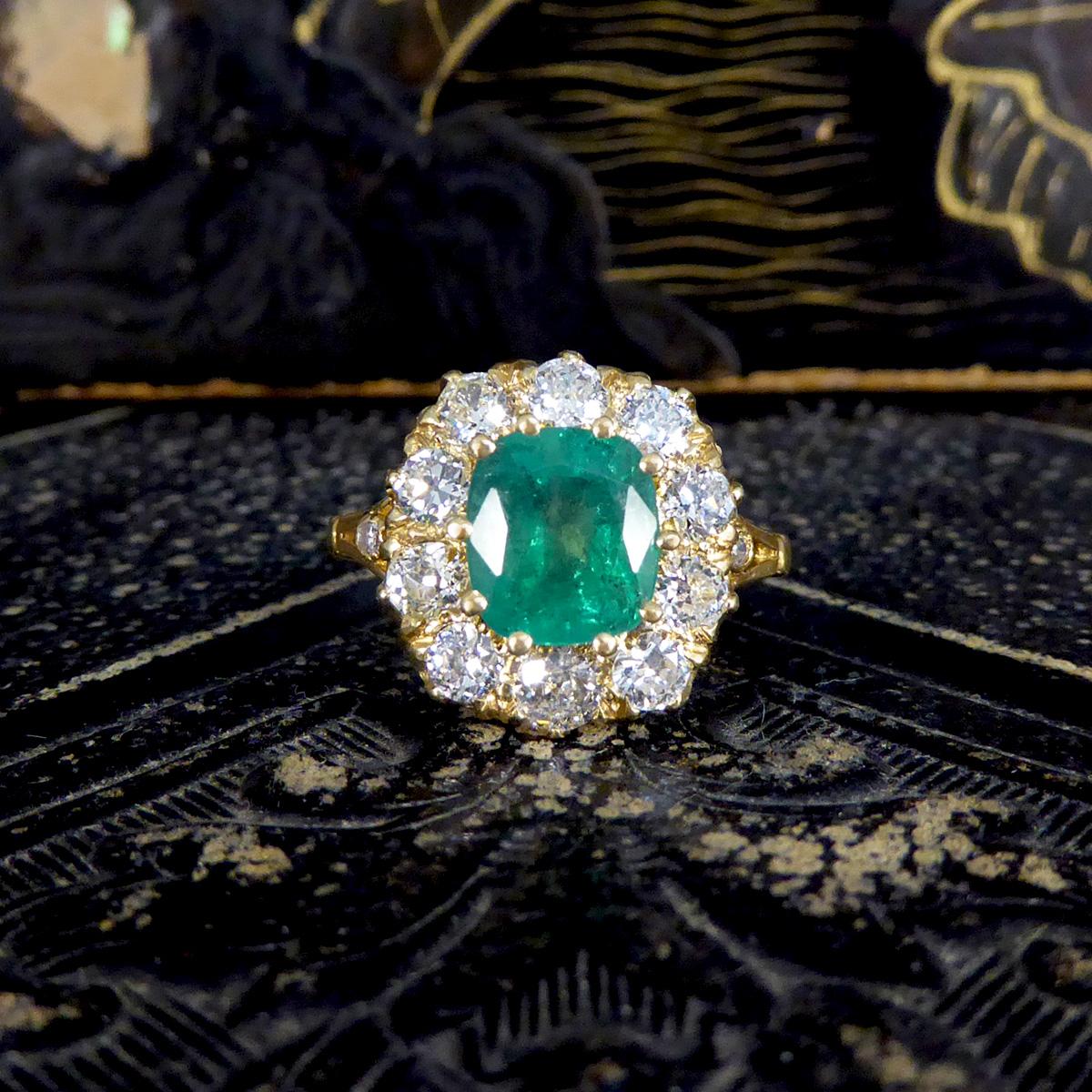 1.82ct Emerald and 1.20ct Old Cut Diamond Cluster Ring in 18ct Yellow Gold 1