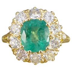 1.82ct Emerald and 1.20ct Old Cut Diamond Cluster Ring in 18ct Yellow Gold