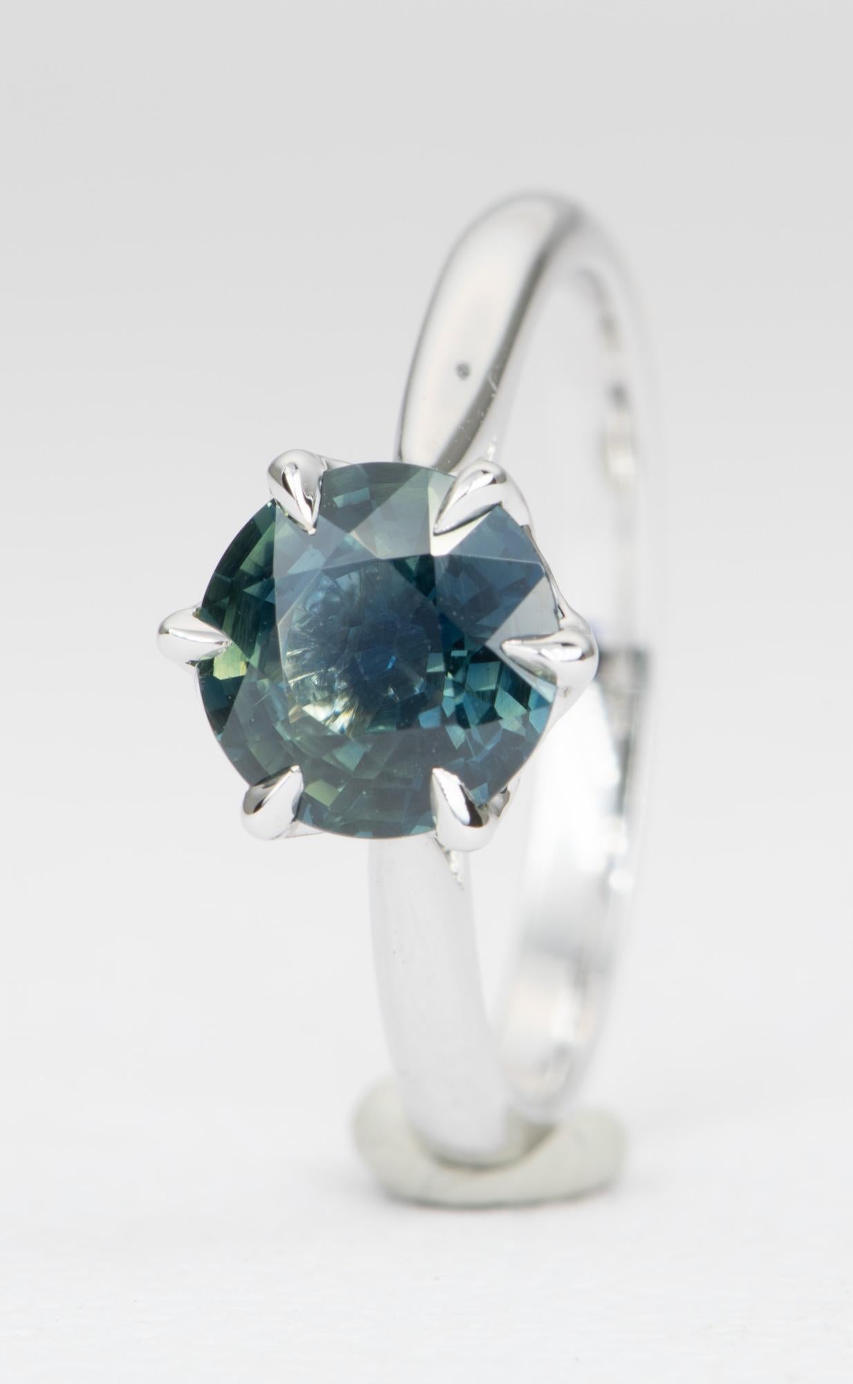 Round Cut 1.82 Carat Round Teal Blue Green Sapphire 14 Karat White Gold Ring AD1540-4