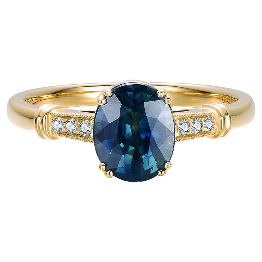 1.82ct Teal Sapphire Vintage Inspired Engagement Ring 14K Gold For Sale