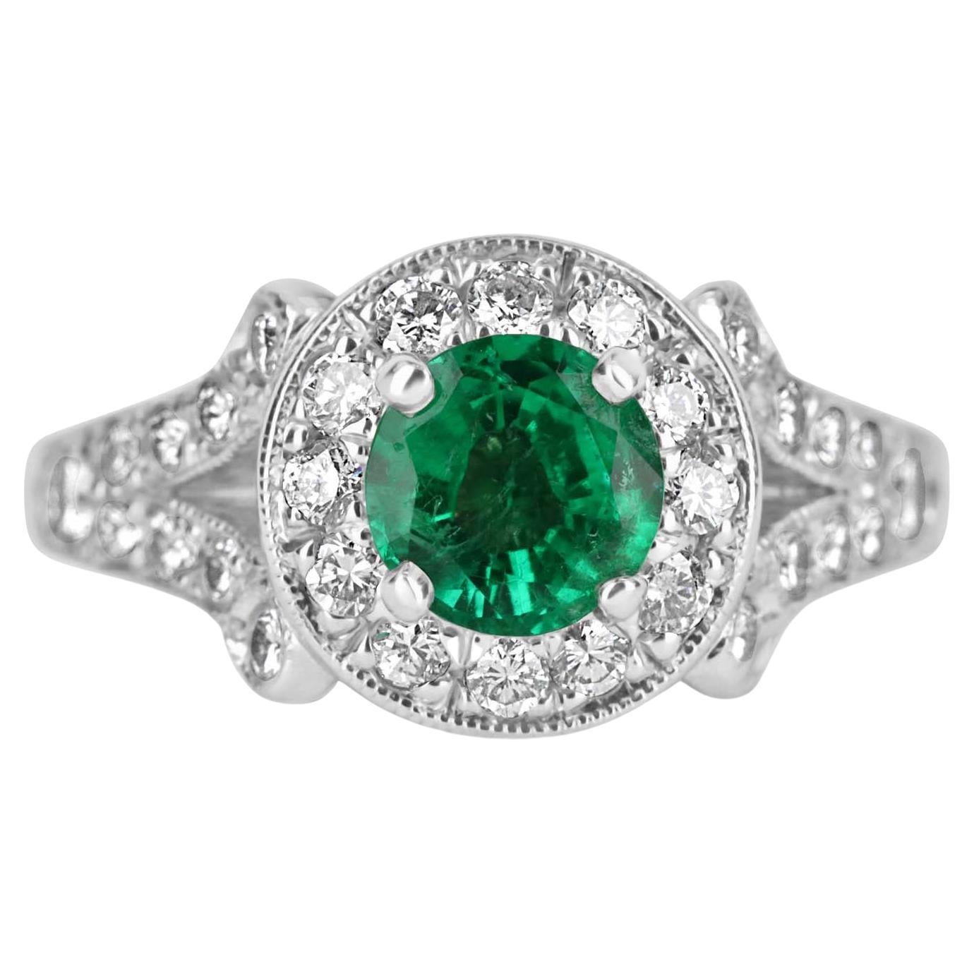 1.82tcw 14K Round Colombian Emerald & Diamond Halo Engagement Ring For Sale