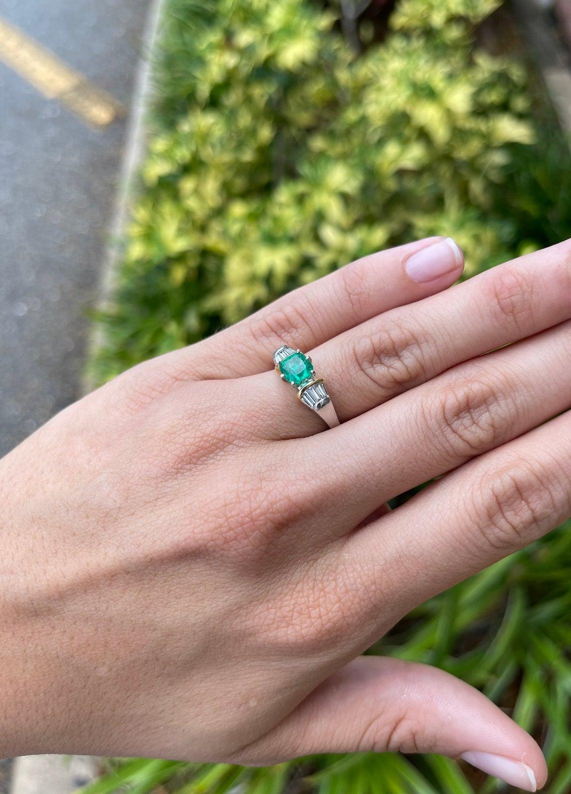 Modern 1.92tcw 18K AAA Colombian Emerald Cushion Cut & Tapered Baguette Diamond Ring  For Sale
