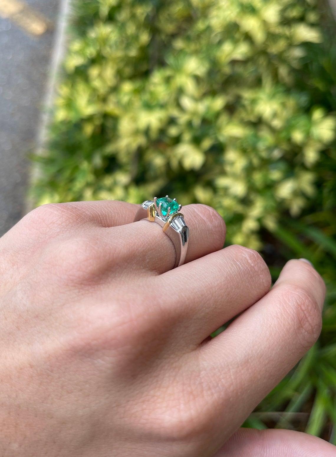 1.92tcw 18K AAA Colombian Emerald Cushion Cut & Tapered Baguette Diamond Ring  In New Condition For Sale In Jupiter, FL