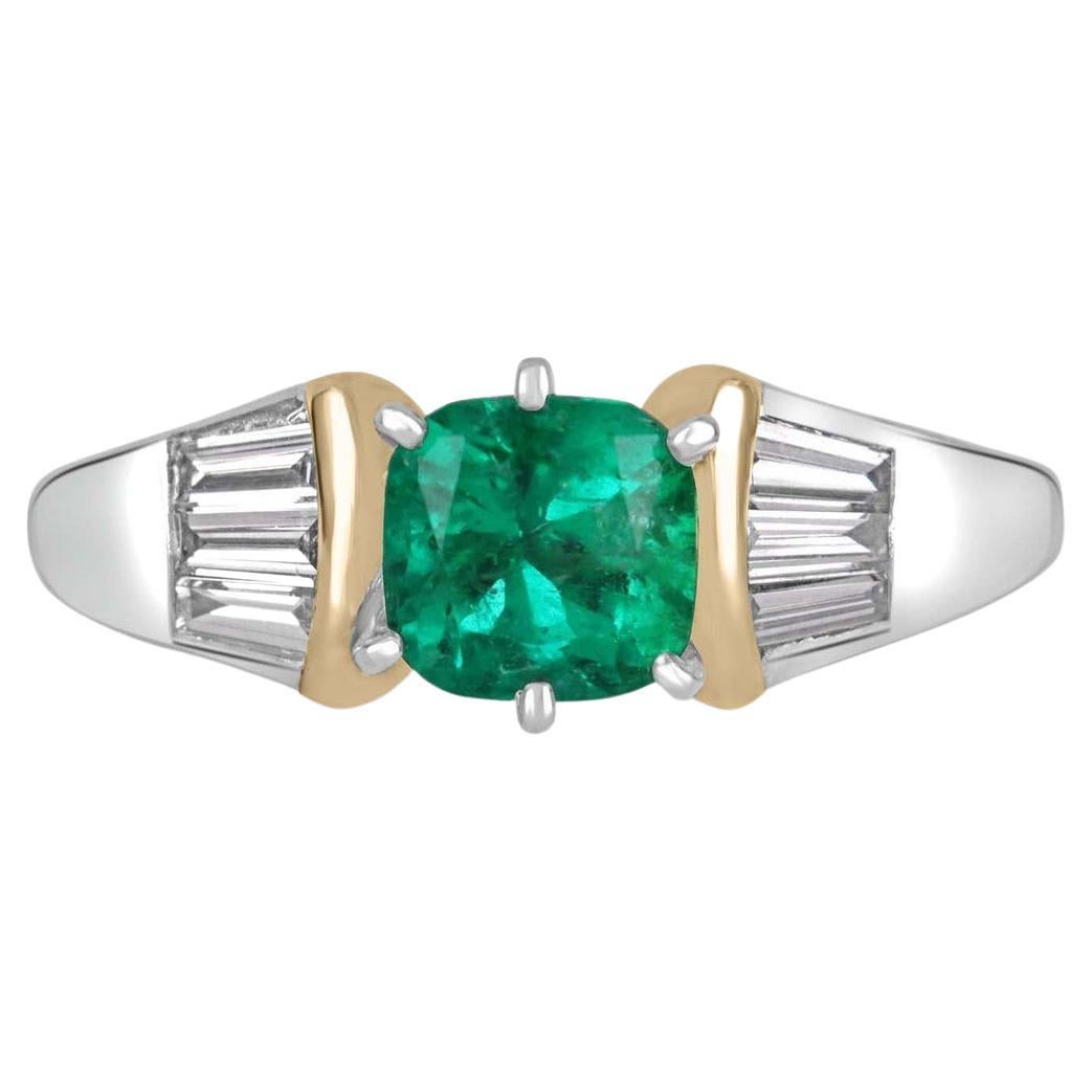 1.92tcw 18K AAA Colombian Emerald Cushion Cut & Tapered Baguette Diamond Ring  For Sale