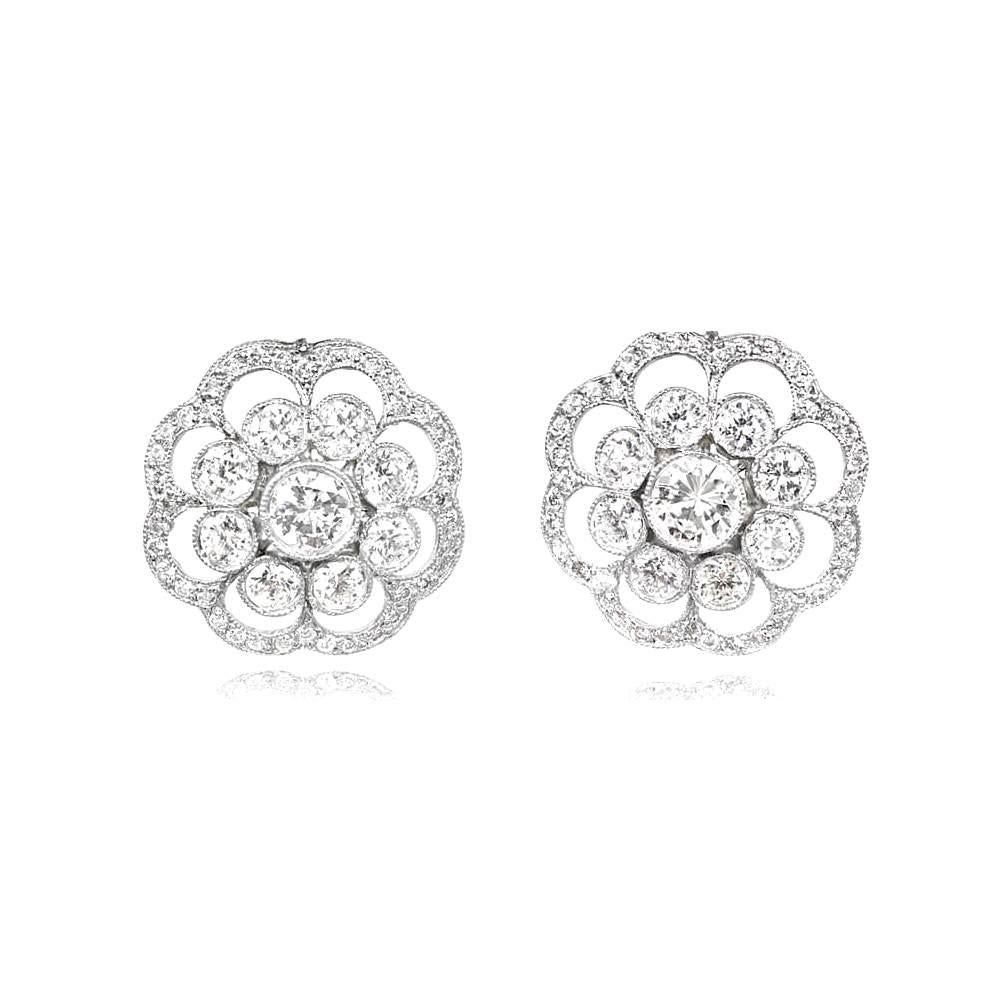 Art Deco 1.82tcw Diamond Earrings, VS1-VS2 Clarity, 18k Yellow Gold, Platinum