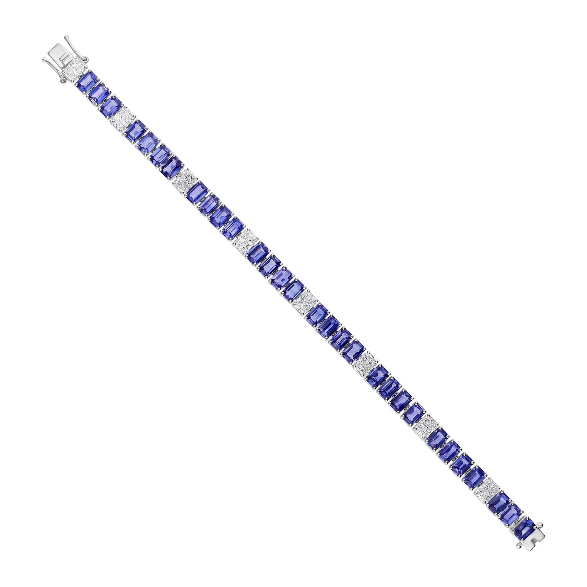 18.3 Carat Blue Sapphire 5.53 Carat Diamond Tennis Bracelet 14 Karat White Gold