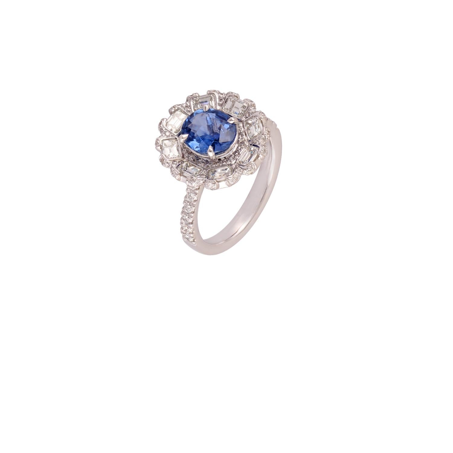 Contemporary 1.83 Carat Blue Sapphire and Diamond Ring in 18 Karat White Gold For Sale