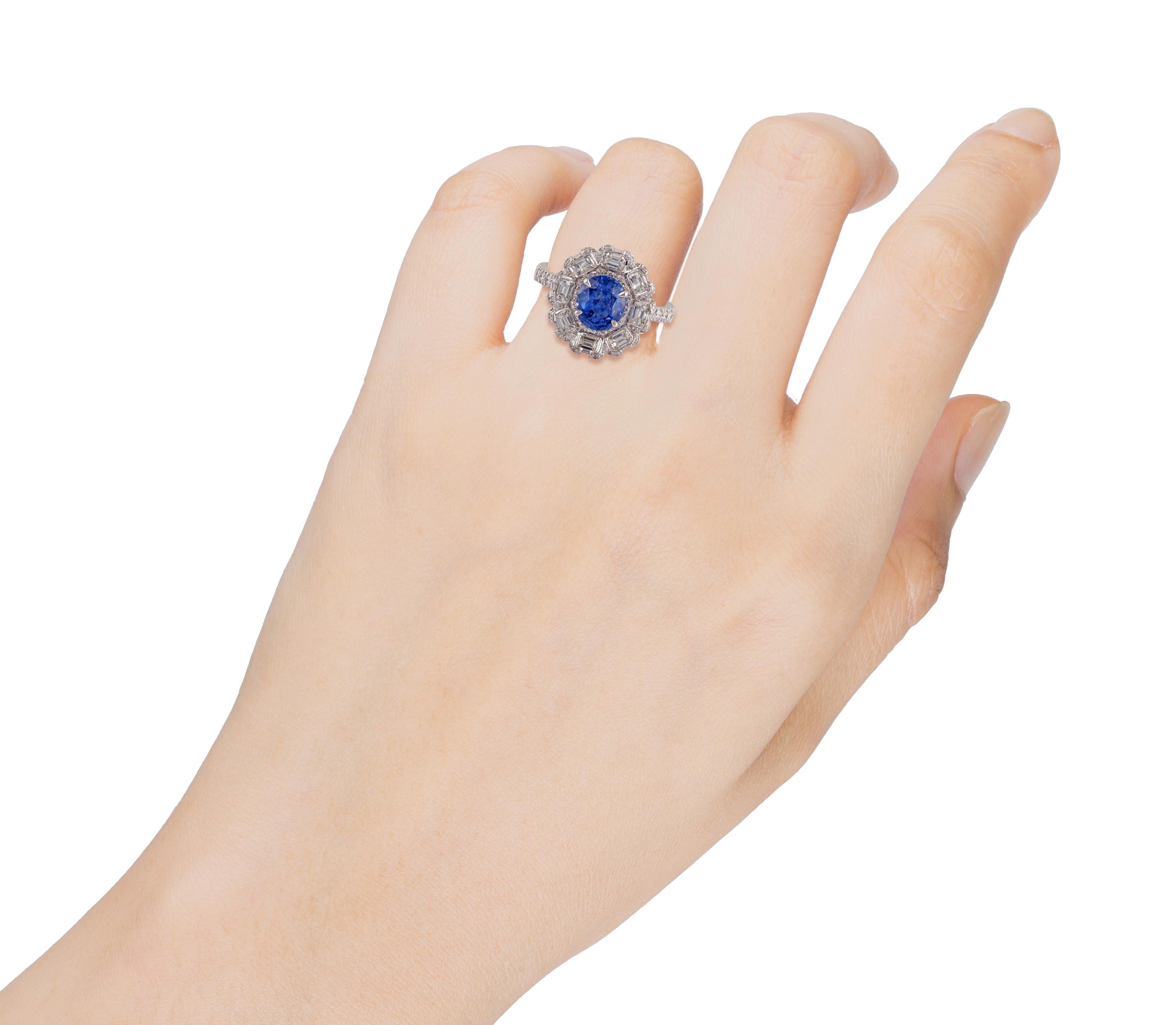 Oval Cut 1.83 Carat Blue Sapphire and Diamond Ring in 18 Karat White Gold For Sale