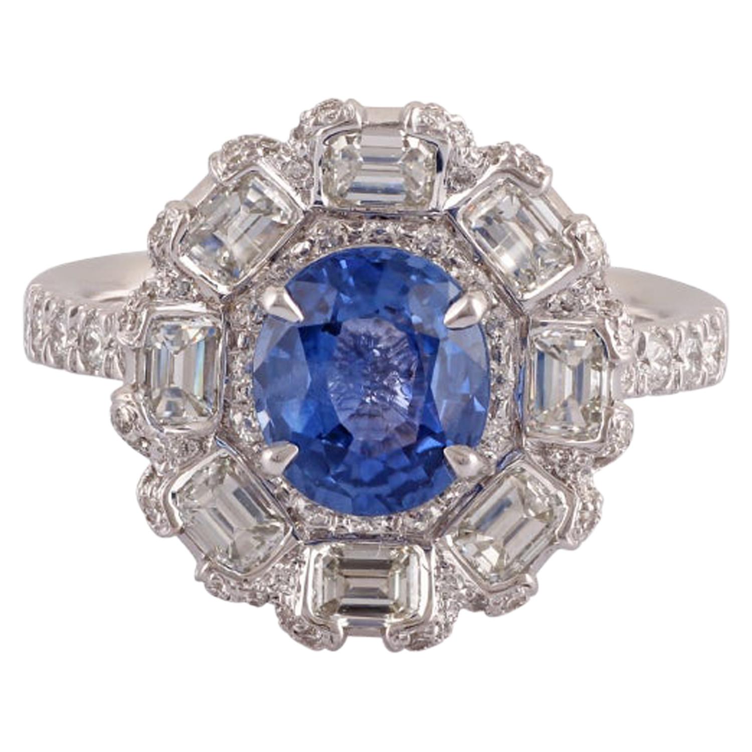 1.83 Carat Blue Sapphire and Diamond Ring in 18 Karat White Gold For Sale