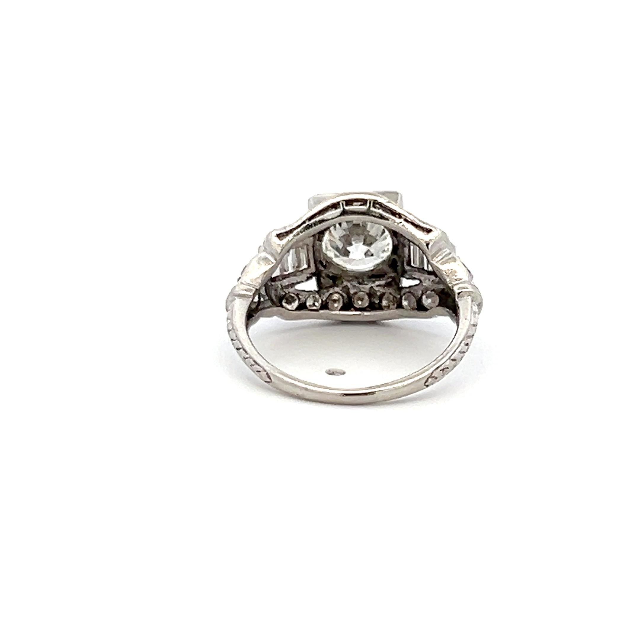 Art Deco 1.83 Carat Circular Brilliant and Baguette Shape Diamond Platinum Art-Deco Ring For Sale