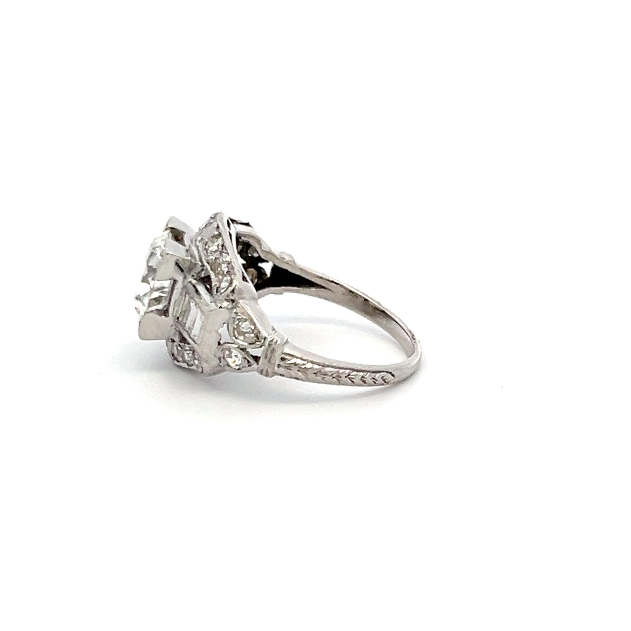 Brilliant Cut 1.83 Carat Circular Brilliant and Baguette Shape Diamond Platinum Art-Deco Ring For Sale
