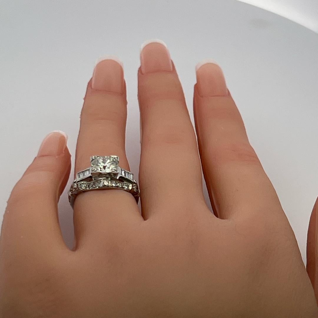 1.83 Carat Circular Brilliant and Baguette Shape Diamond Platinum Art-Deco Ring For Sale 2
