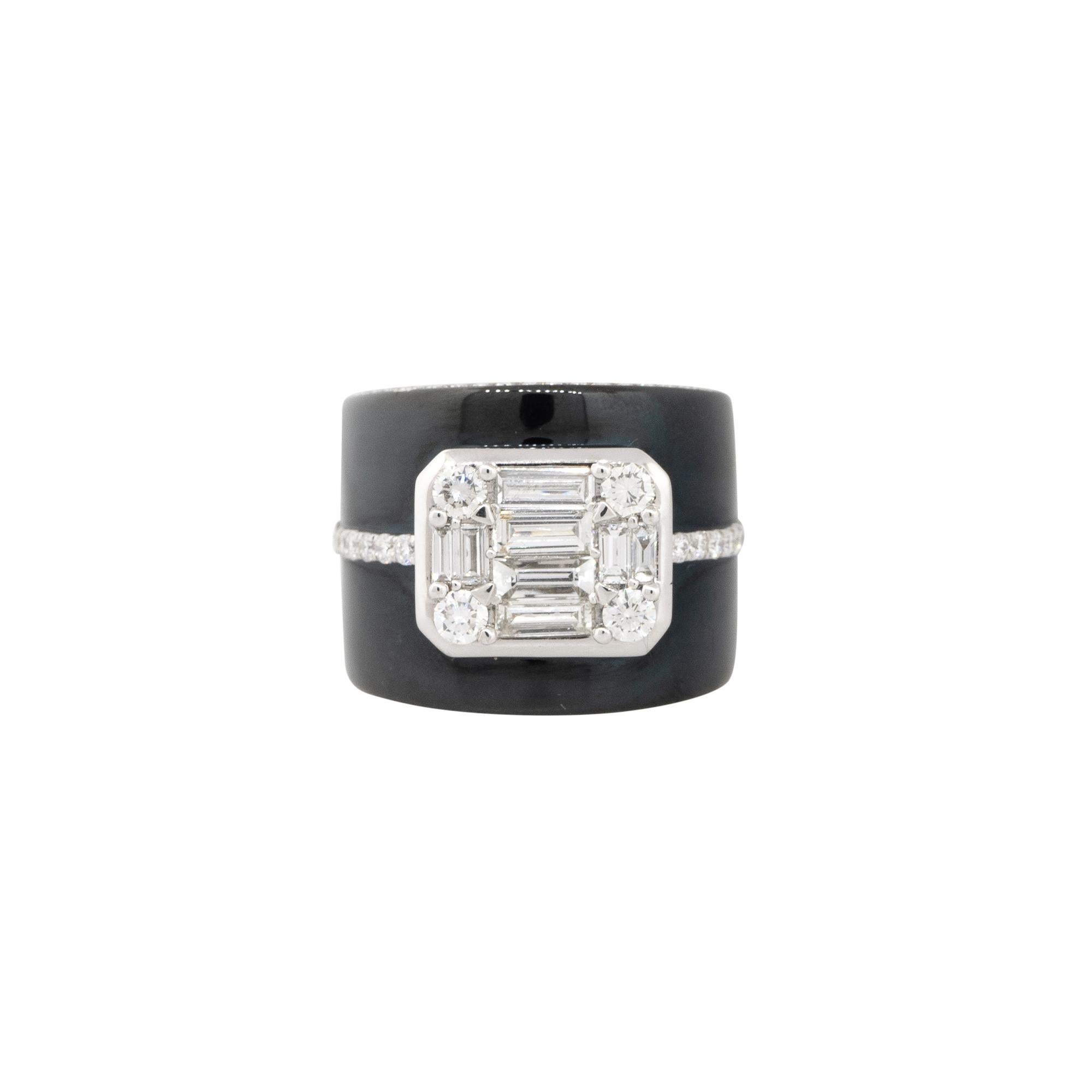 18k White Gold 1.83ctw Diamond and Black Enamel Mosaic Wide Band
Style: Women's Diamond Enamel Ring
Material: 18k White Gold
Main Diamond Details: Approximately 1.83ctw of Mosaic set, Baguette and Round Brilliant Cut Diamonds. There are 72 stones