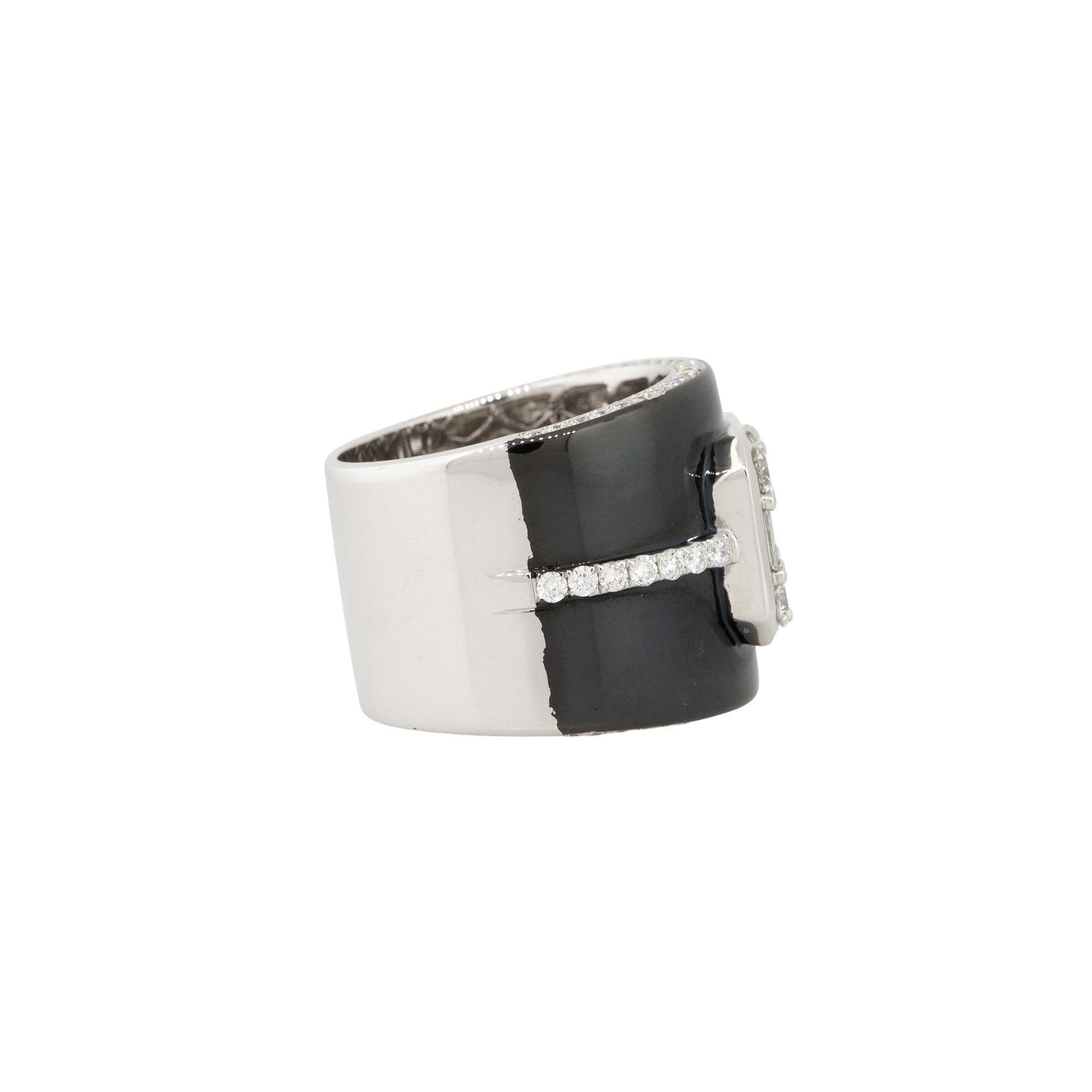 Round Cut 1.83 Carat Diamond and Black Enamel Mosaic Wide Band 18 Karat in Stock For Sale