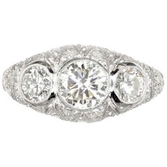 1.83 Carat Diamond Art Deco Filigree Platinum Three-Stone Engagement Ring