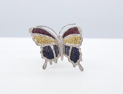 1.83 Carat Diamond Butterfly Brooch Ruby Sapphire 18K White Gold Estate Jewelry