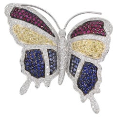 1.83 Carat Diamond Butterfly Brooch Ruby Sapphire 18K White Gold Estate Jewelry