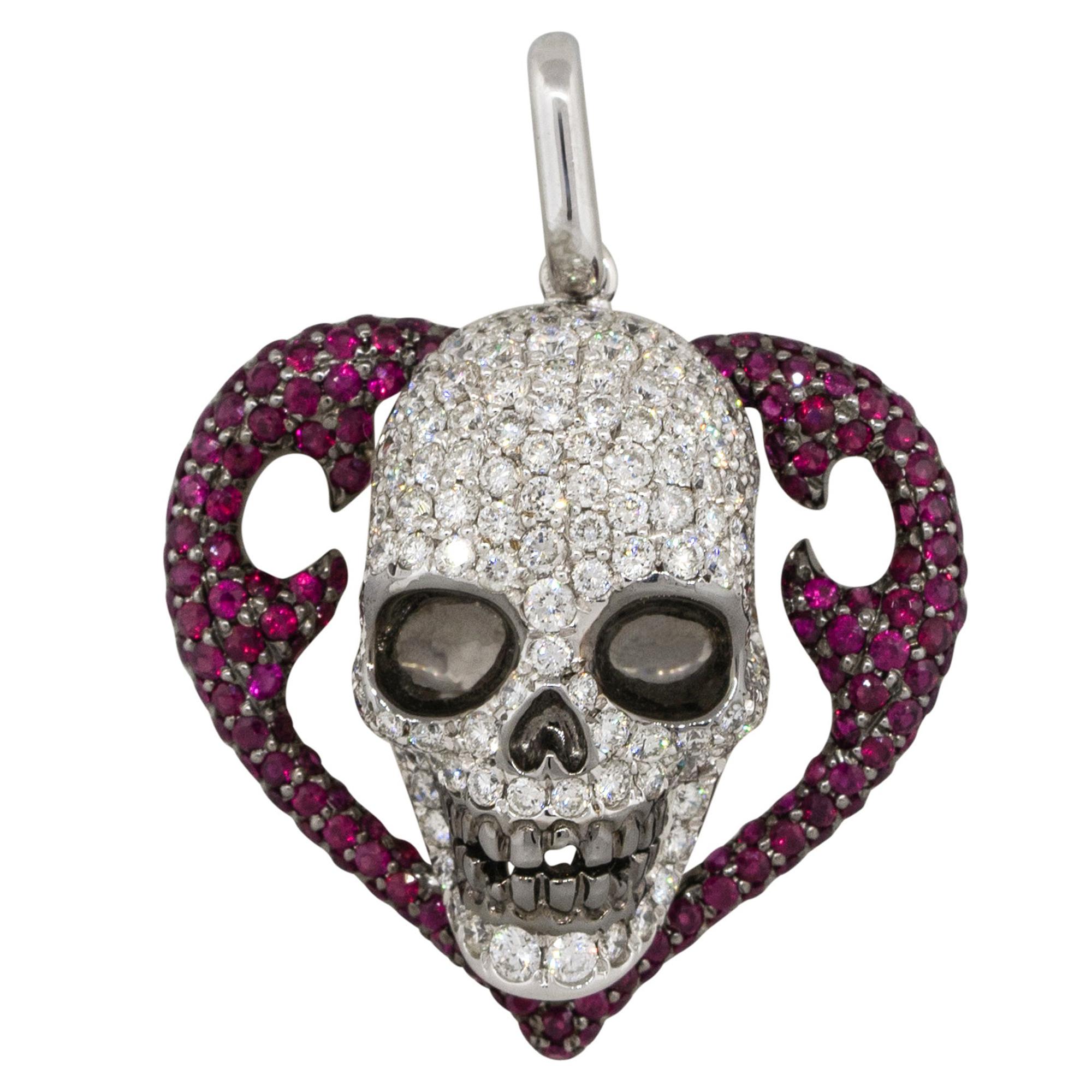 1.83 Carat Diamond Pave Ruby Heart Skull Pendant 18 Karat in Stock