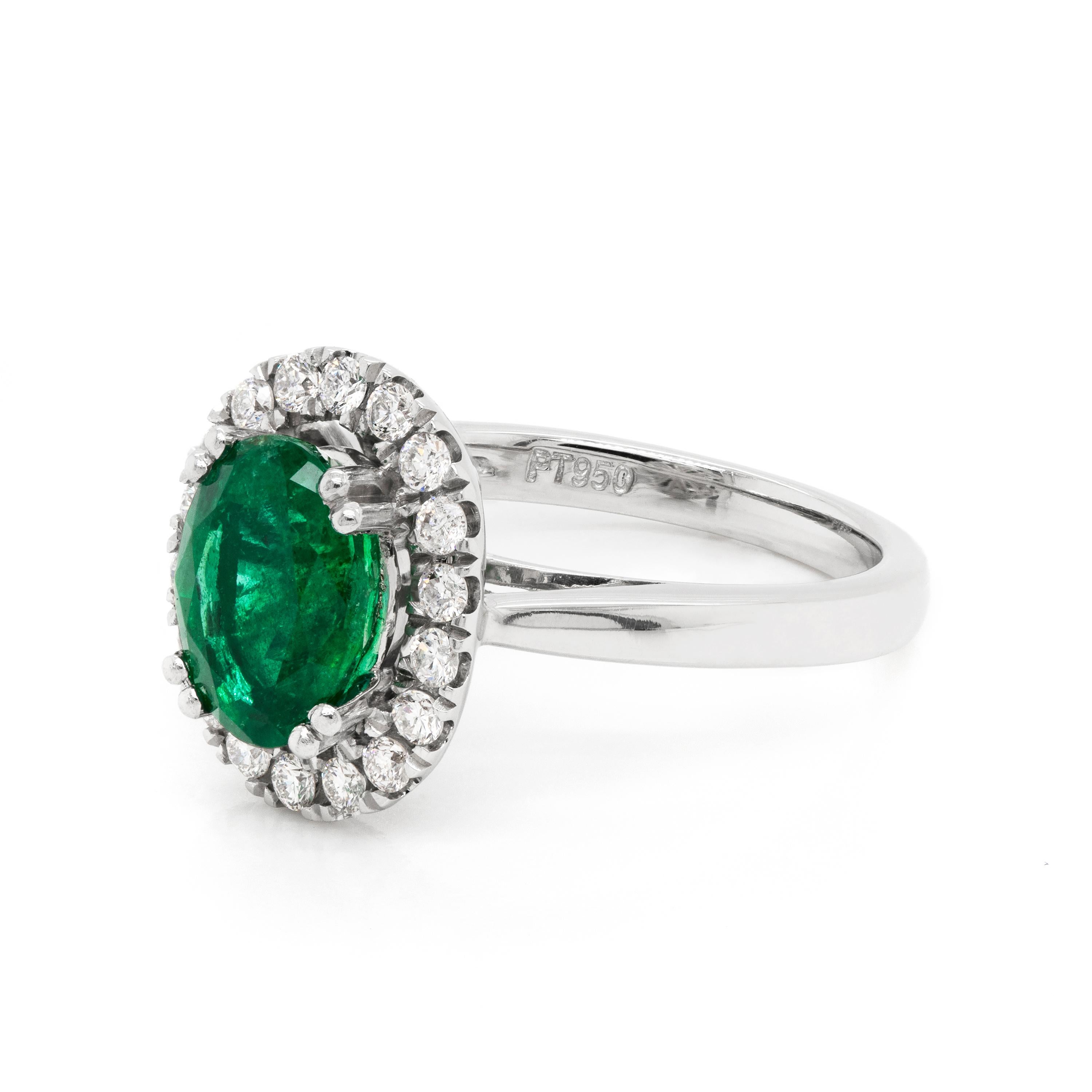 Modern 1.83 Carat Emerald and Diamond Platinum Cluster Engagement Ring For Sale