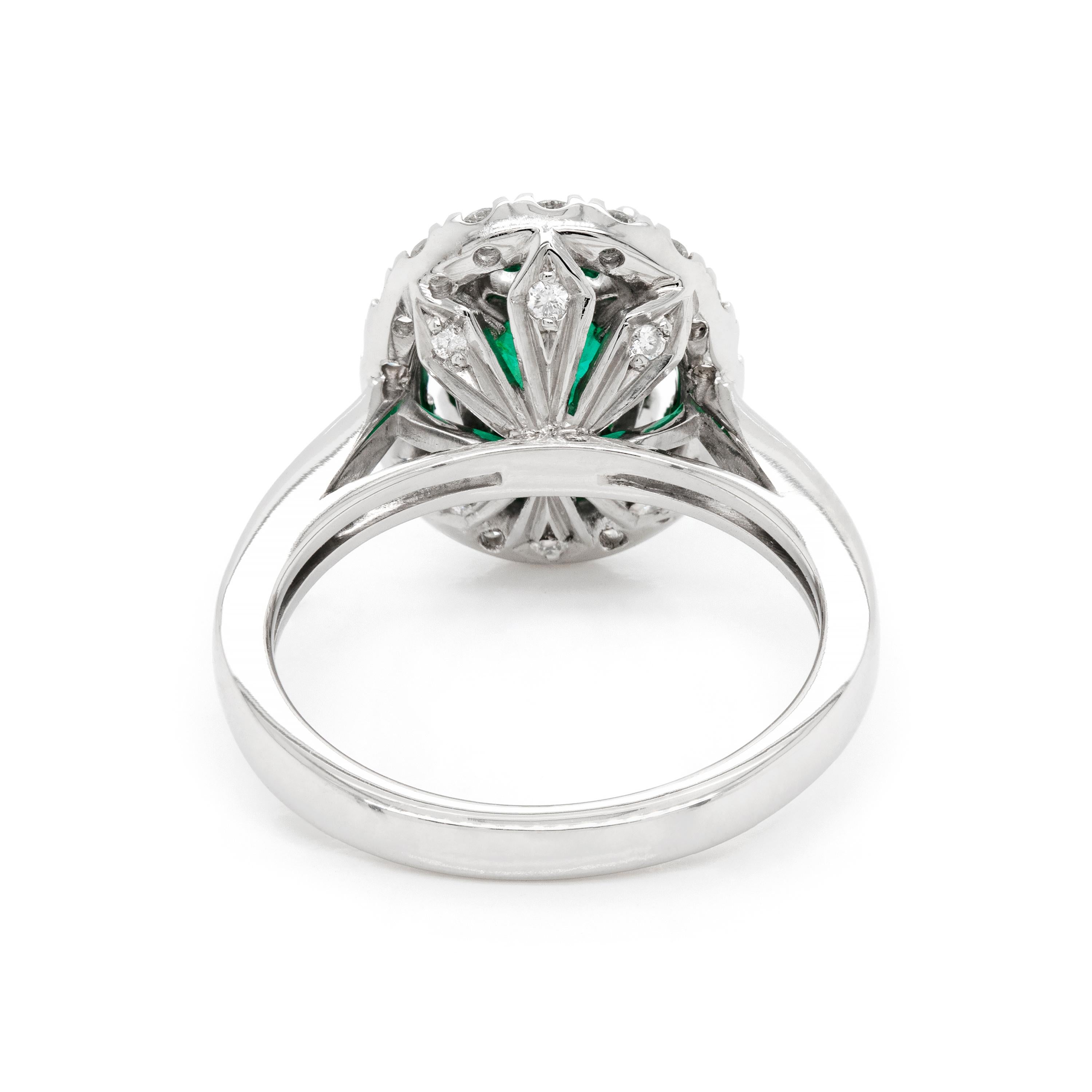 Oval Cut 1.83 Carat Emerald and Diamond Platinum Cluster Engagement Ring For Sale