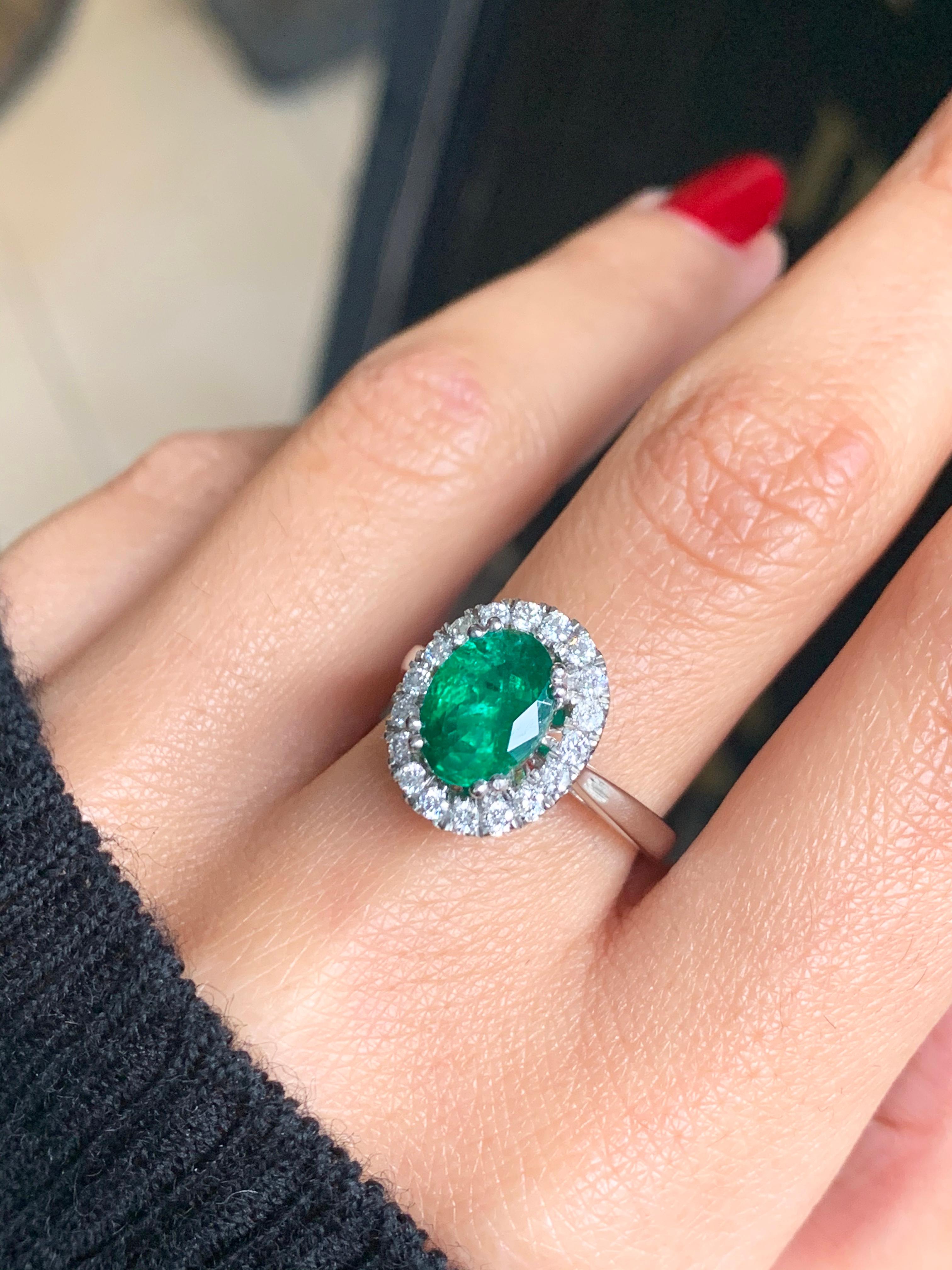 Women's 1.83 Carat Emerald and Diamond Platinum Cluster Engagement Ring For Sale