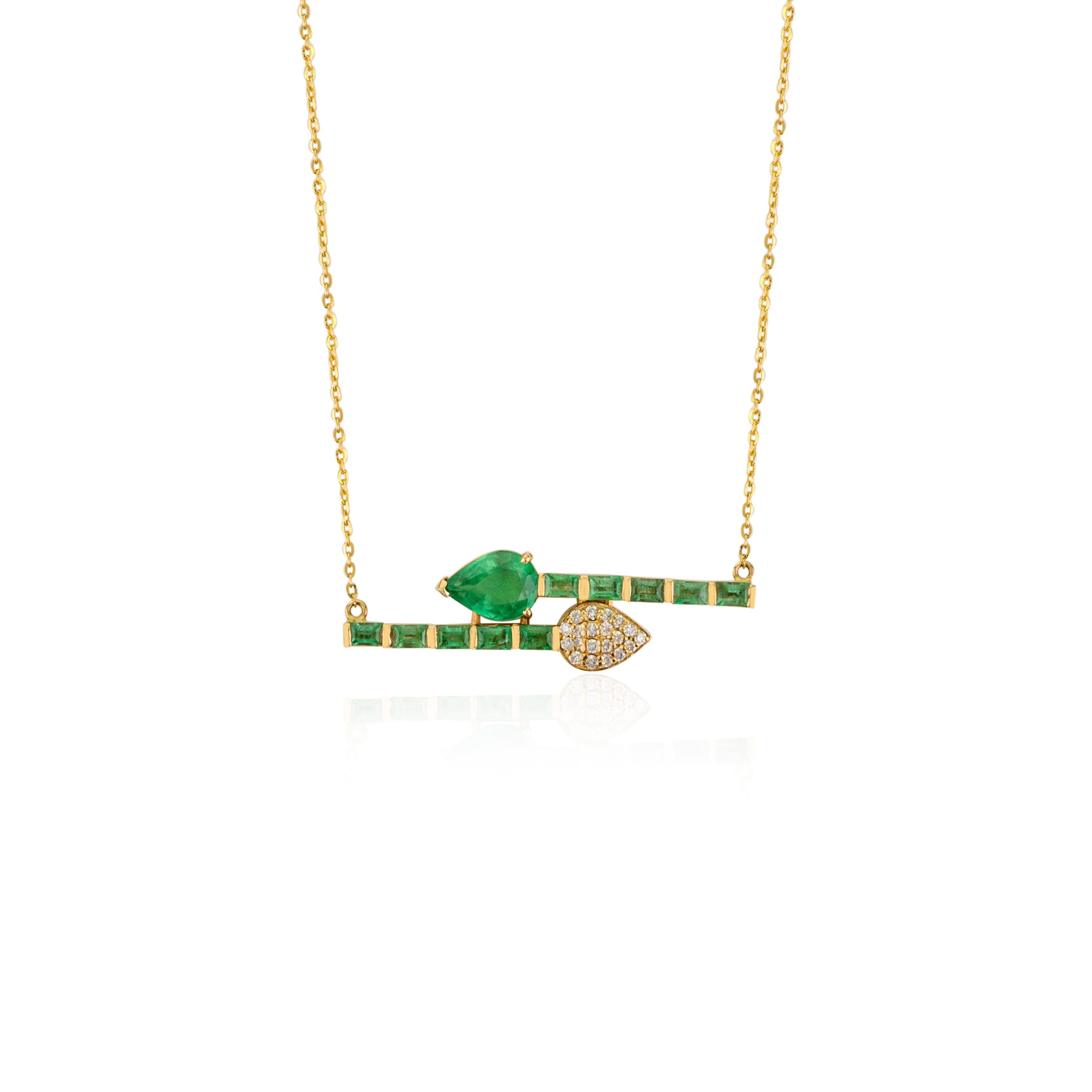 Modern 1.83 Carat Green Emerald & Diamond Pendant Necklace in 18k Solid Yellow Gold For Sale
