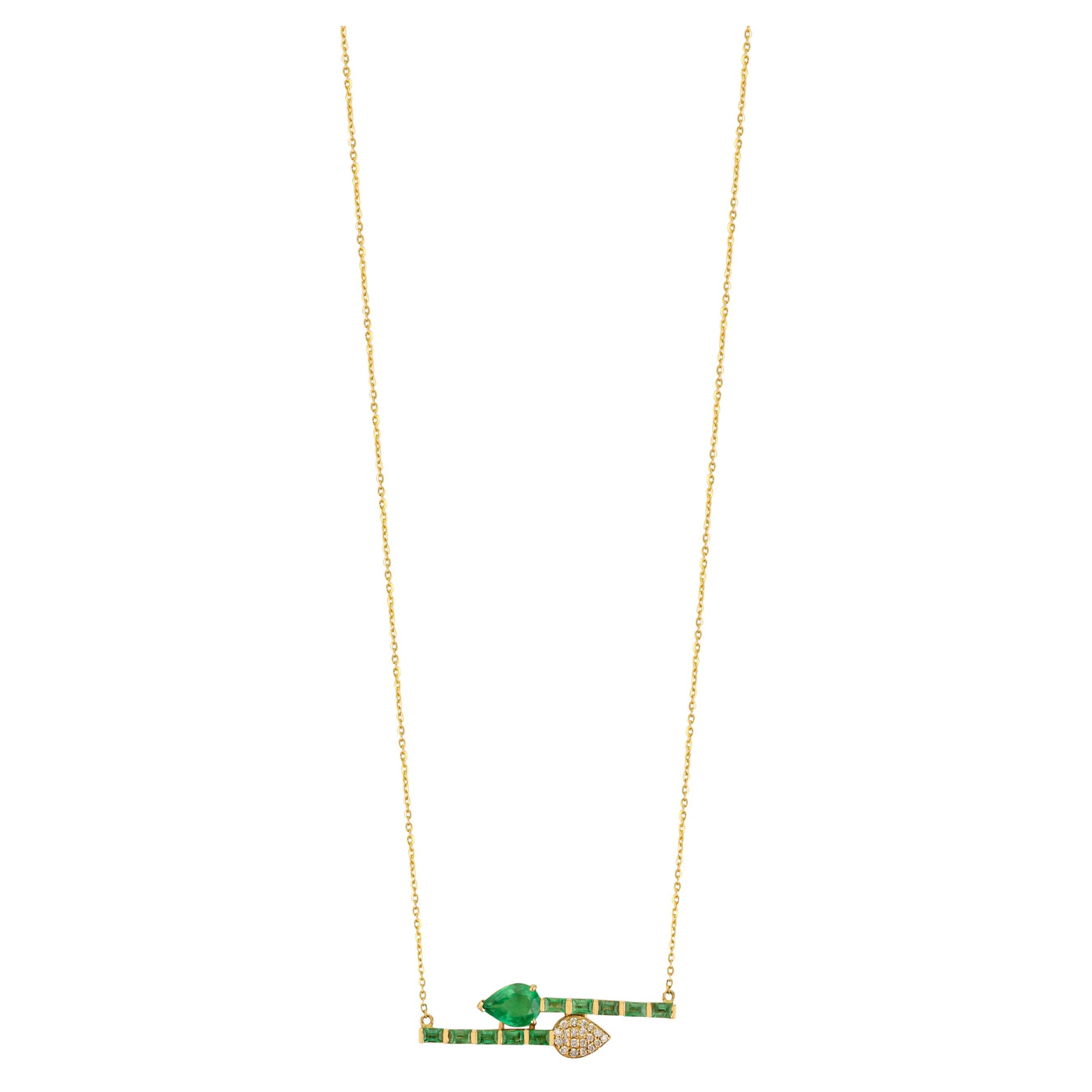 1.83 Carat Green Emerald & Diamond Pendant Necklace in 18k Solid Yellow Gold For Sale