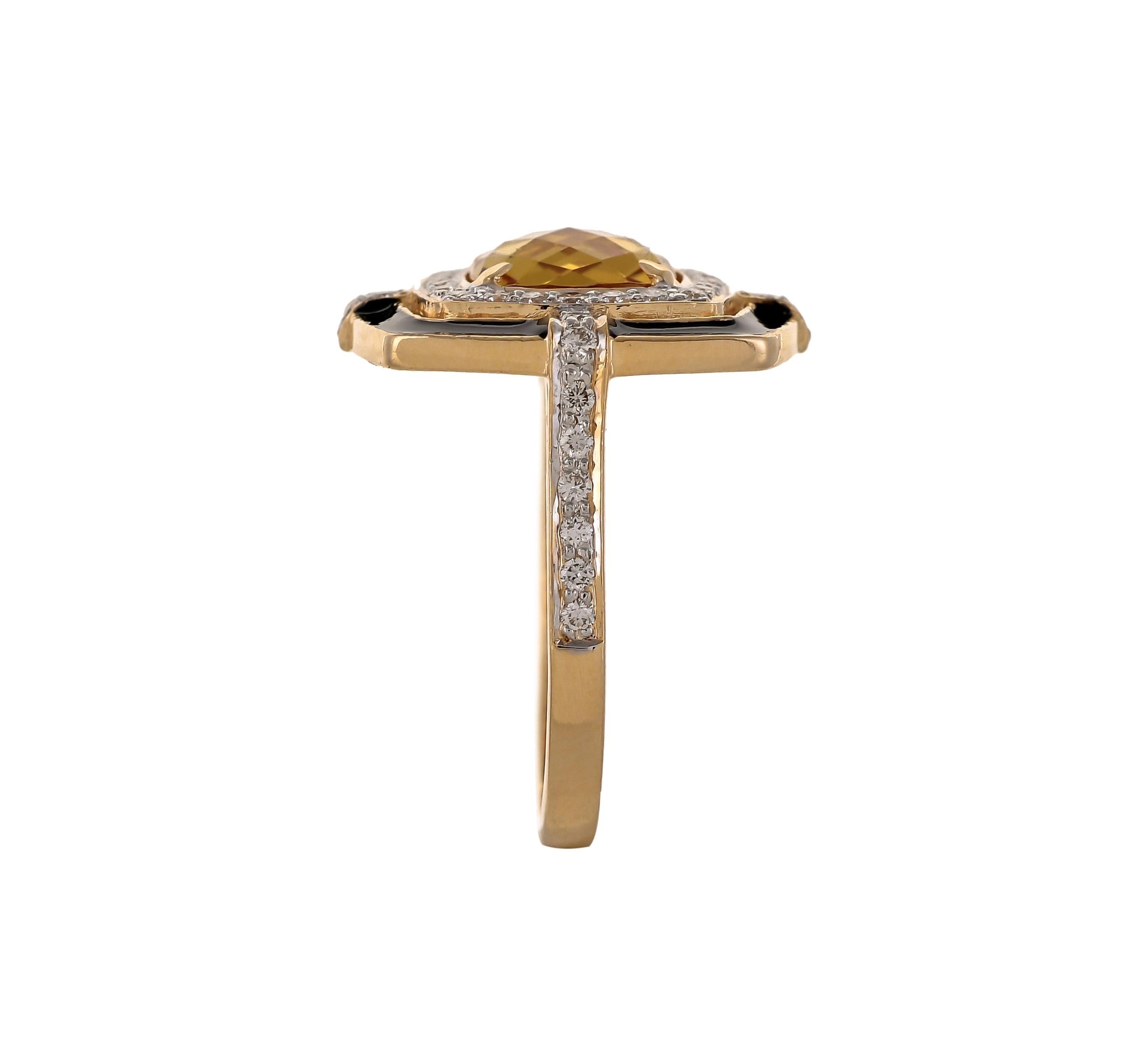 Modern 1.83 Carat Honey Quartz Cushion Briolette Diamond Enamel 18 Karat Gold Ring