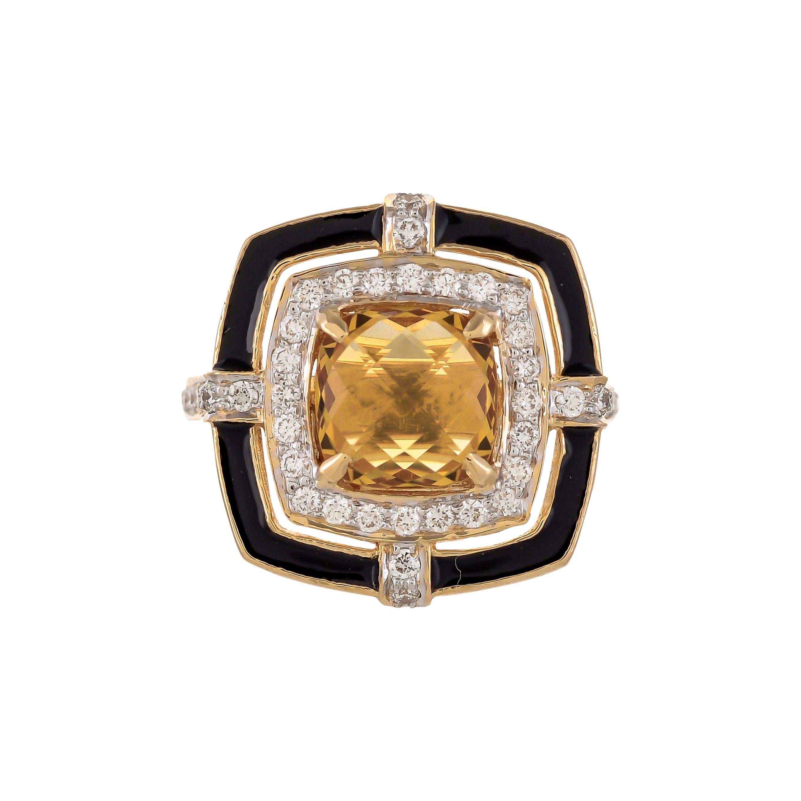 1.83 Carat Honey Quartz Cushion Briolette Diamond Enamel 18 Karat Gold Ring