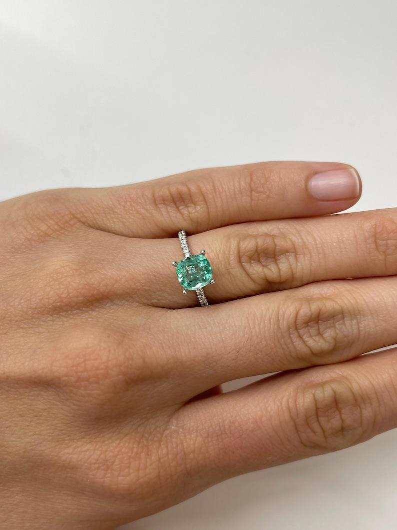 1.83 Carat Light Bluish Green Colombian Emerald - 7.6x7.2 Cushion Cut May For Sale 2