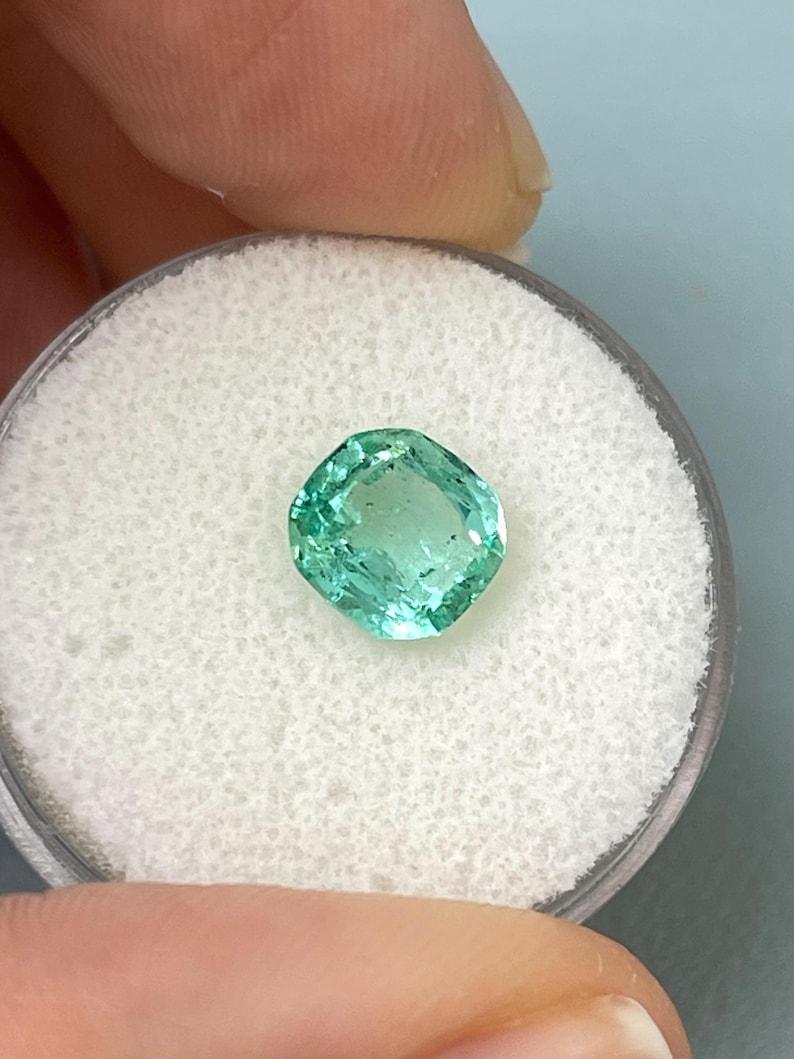1.83 Carat Light Bluish Green Colombian Emerald - 7.6x7.2 Cushion Cut May For Sale 1
