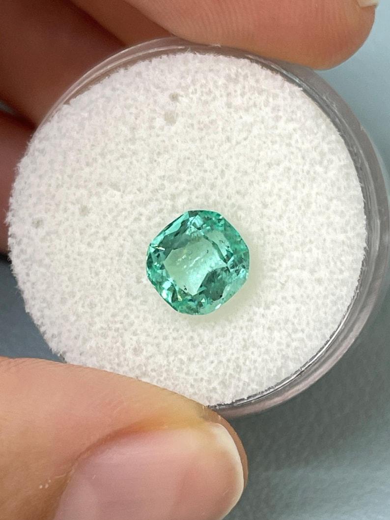 Women's 1.83 Carat Light Bluish Green Colombian Emerald - 7.6x7.2 Cushion Cut May For Sale