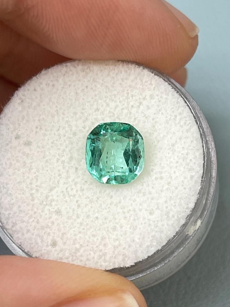 Modern 1.83 Carat Light Bluish Green Colombian Emerald - 7.6x7.2 Cushion Cut May For Sale