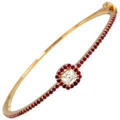 1.83 Carat Natural Asscher Cut Diamond and Vivid Ruby Bangle Bracelet 14 Karat