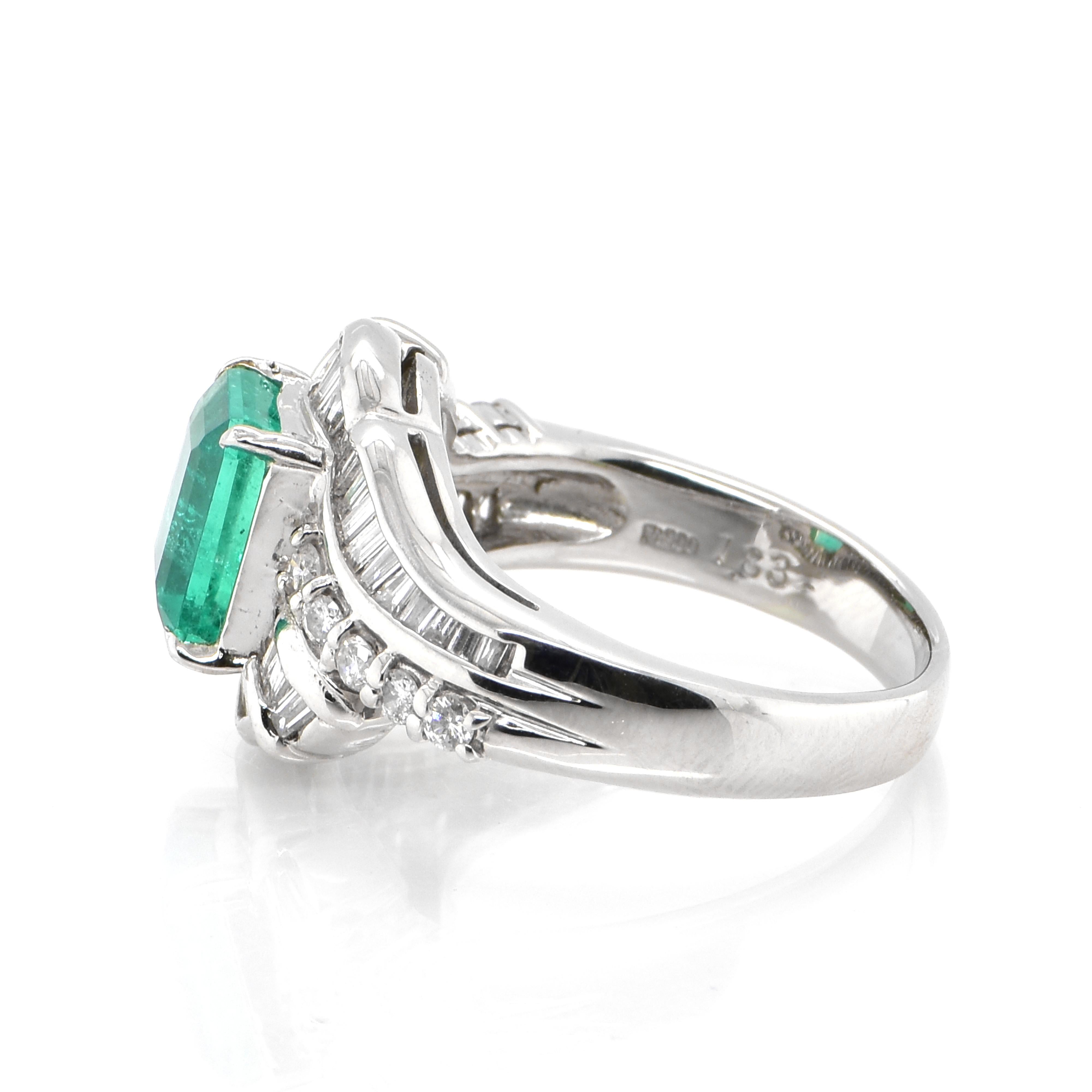 Emerald Cut 1.83 Carat Natural Emerald & Diamond Estate Cocktail Ring Made in Platinum For Sale