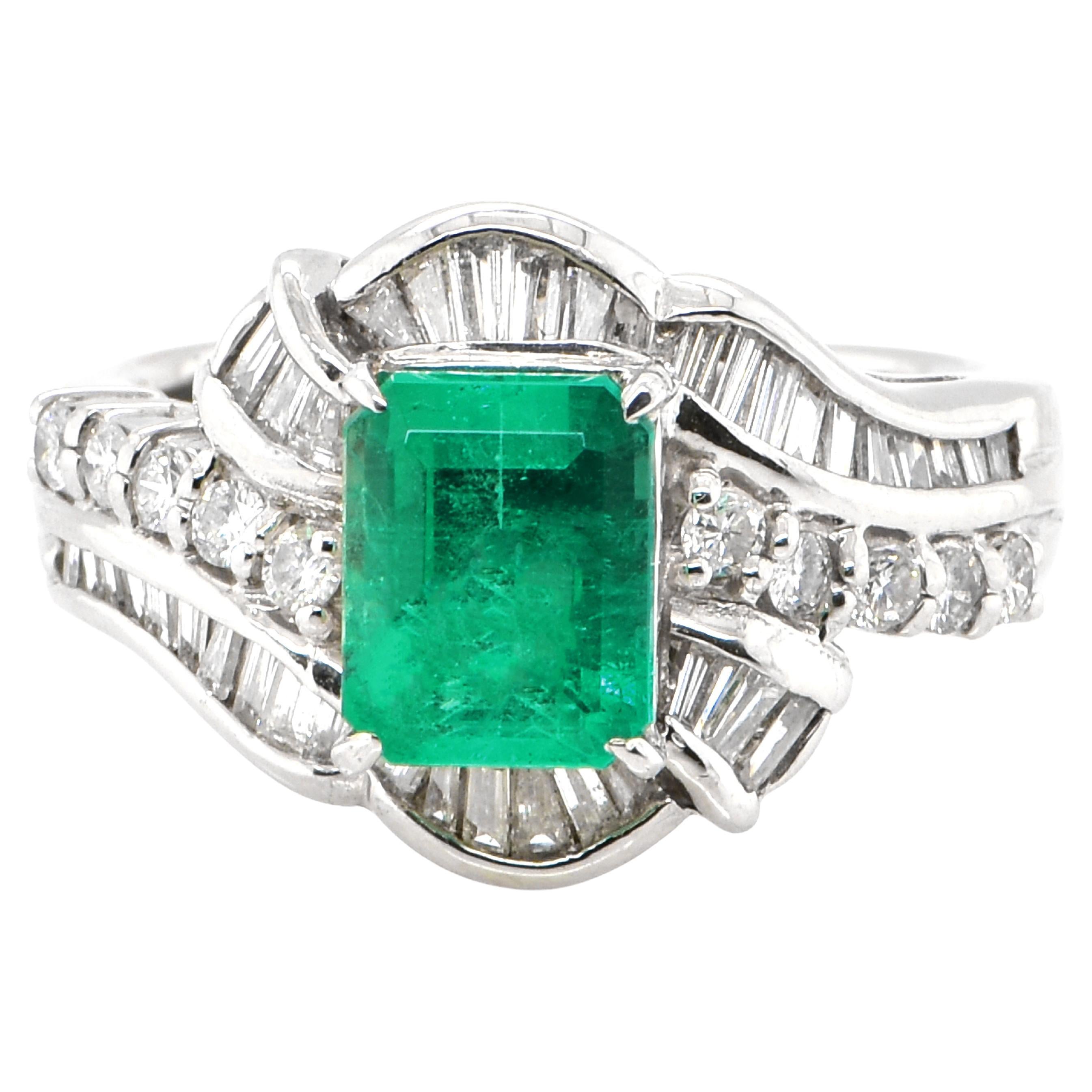 1.83 Carat Natural Emerald & Diamond Estate Cocktail Ring Made in Platinum For Sale