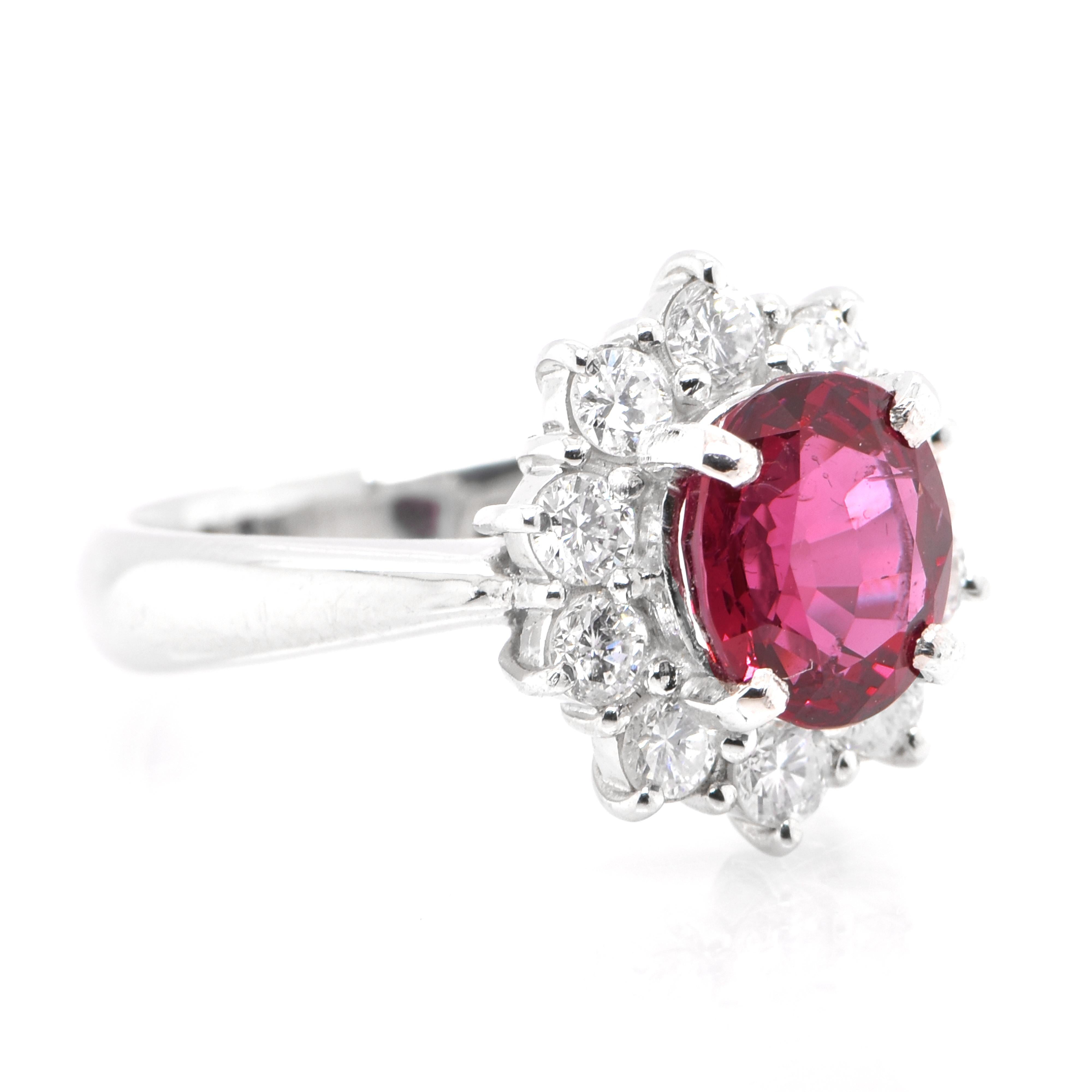 Modern 1.83 Carat Natural Red Spinel and Diamond Halo Ring Set in Platinum