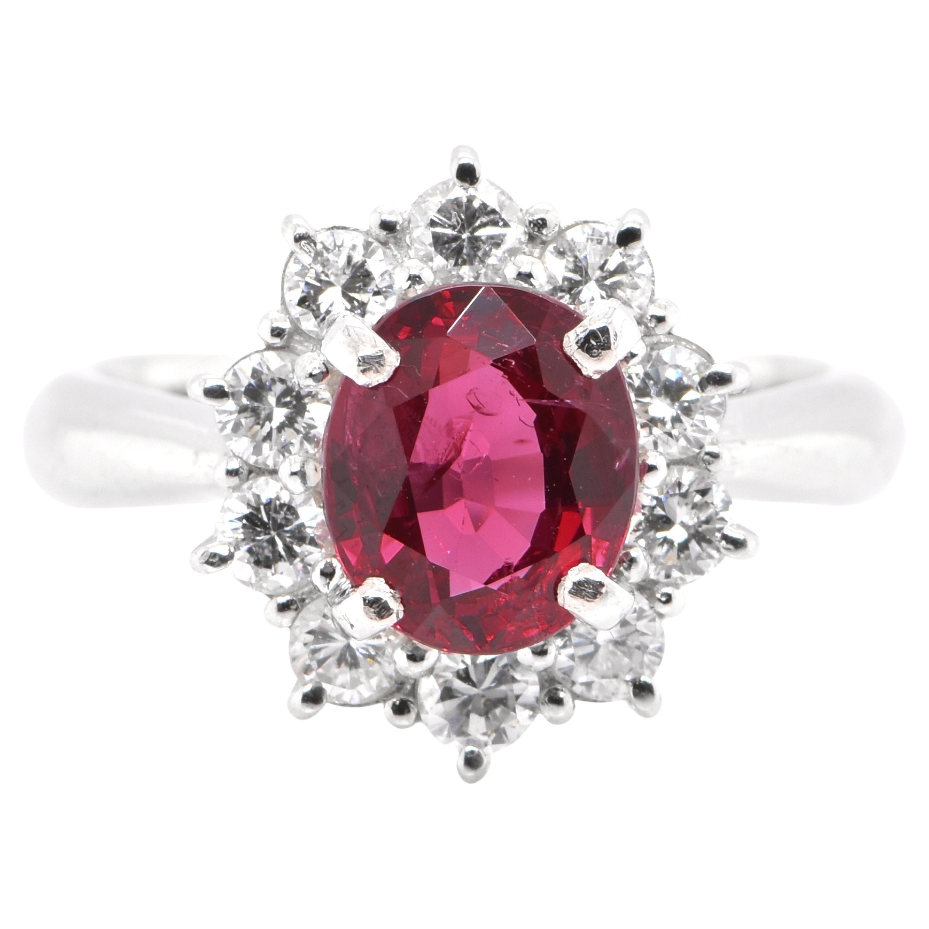1.83 Carat Natural Red Spinel and Diamond Halo Ring Set in Platinum