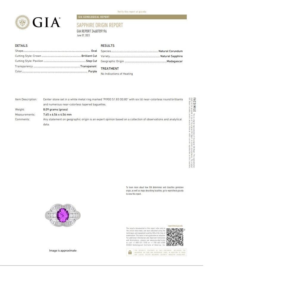 1.83 Carat No-Heat Purple-Sapphire Diamond Platinum Ring, GIA Certified For Sale 6