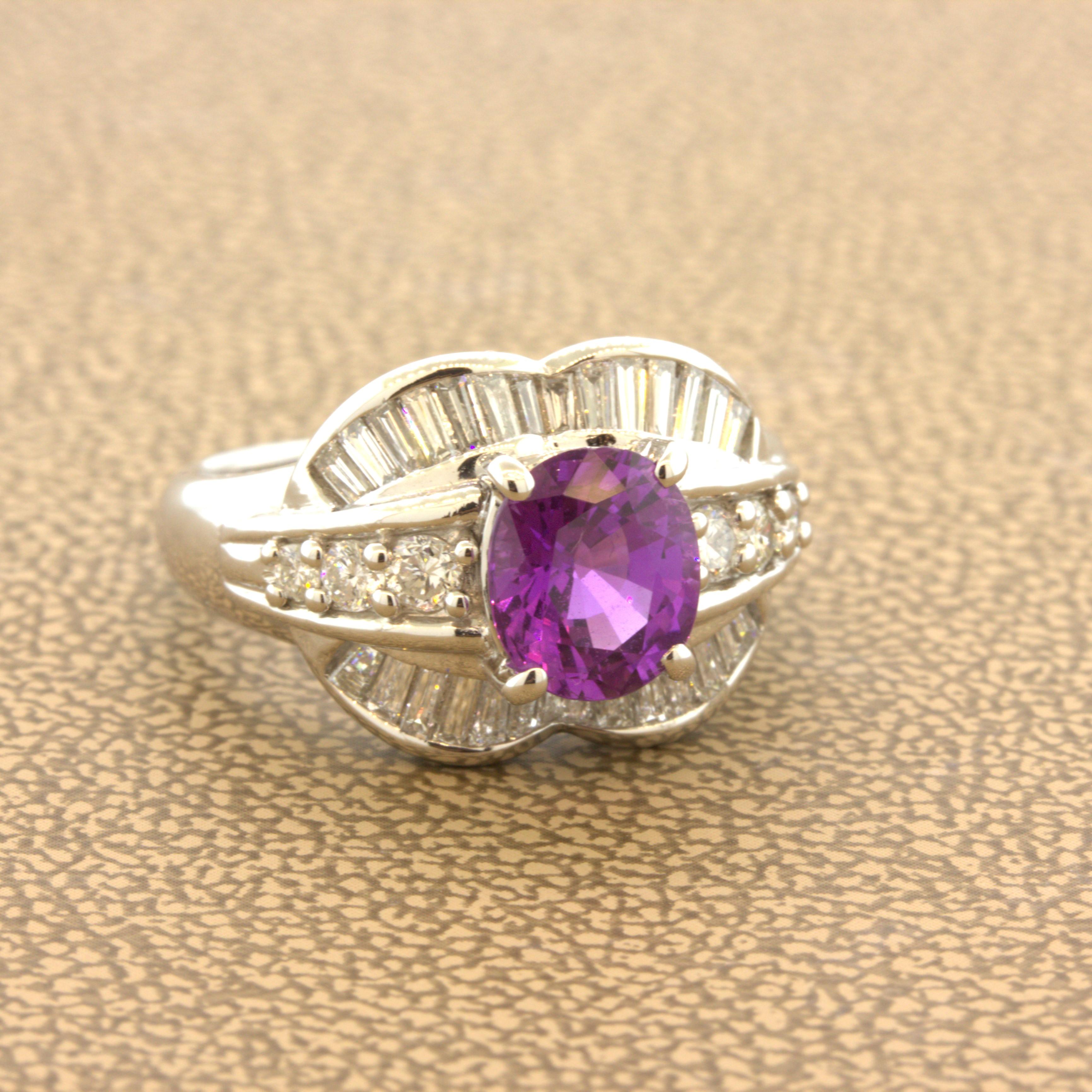A rich intensely colored purple sapphire takes center stage. It weighs 1.83 carats and has a bright vivid purple color. It has a lovely oval shape that scintillates in the light with excellent light return. Adding to that, it is certified by the GIA