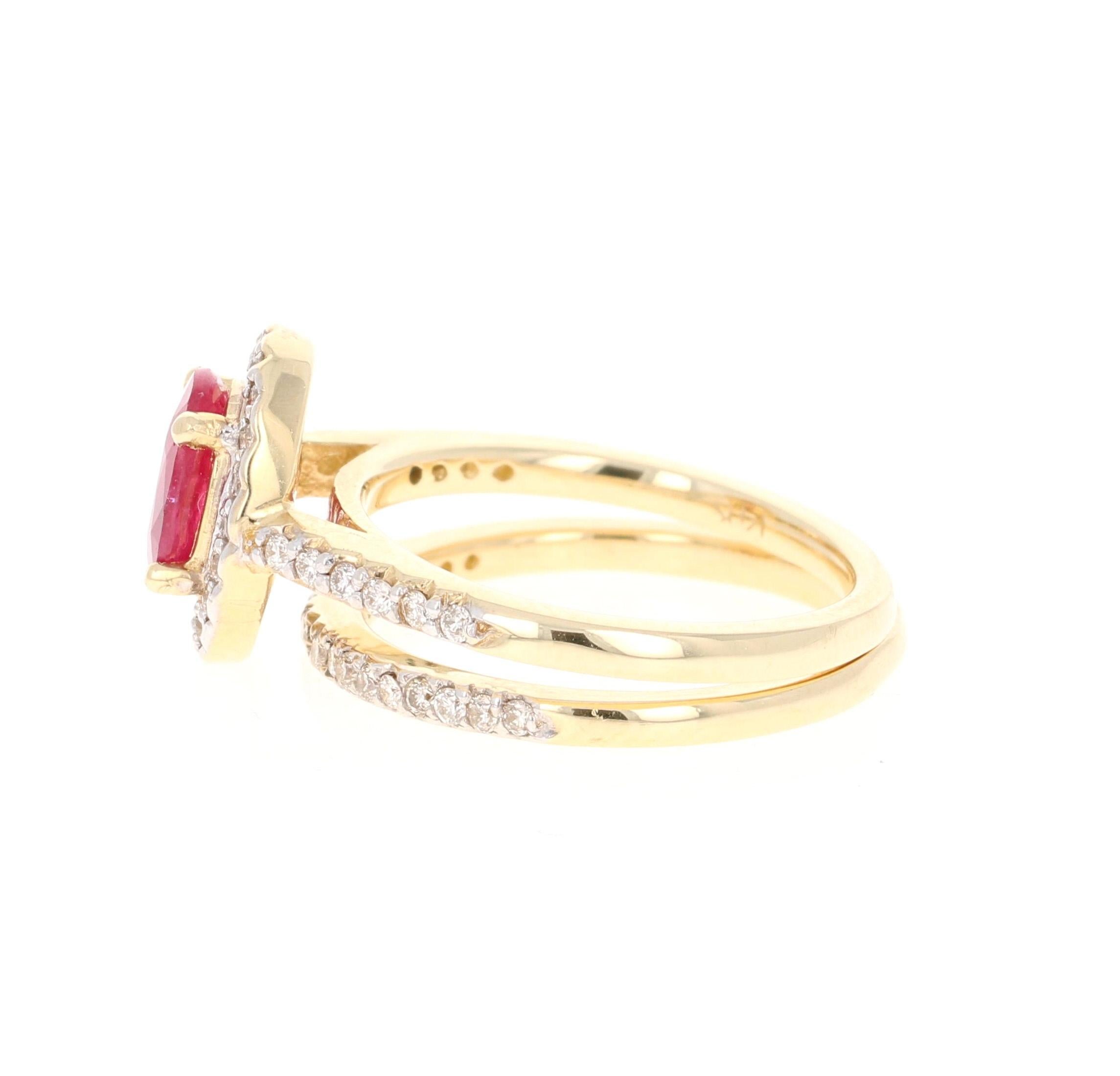 Modern 1.83 Carat Oval Cut Ruby Diamond 14 Karat Yellow Gold Engagement Ring and Band