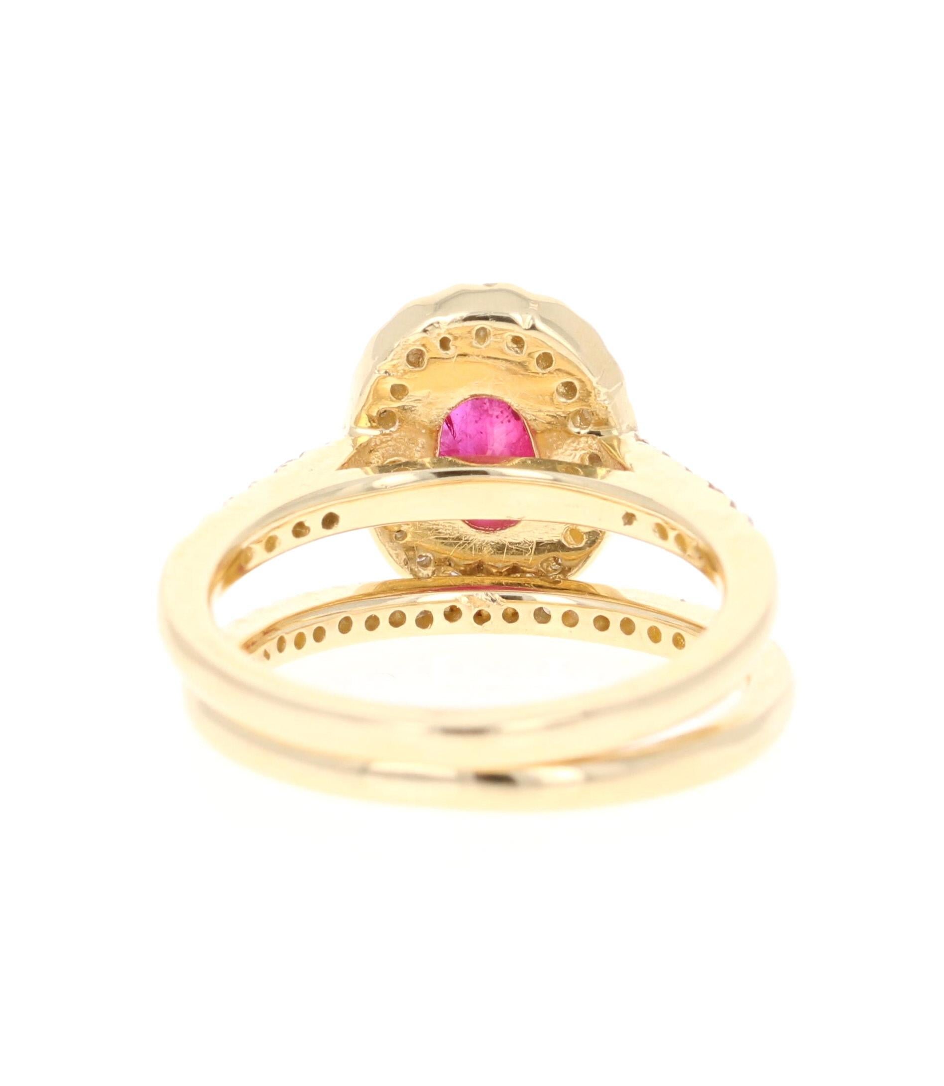 1.83 Carat Oval Cut Ruby Diamond 14 Karat Yellow Gold Engagement Ring and Band In New Condition In Los Angeles, CA
