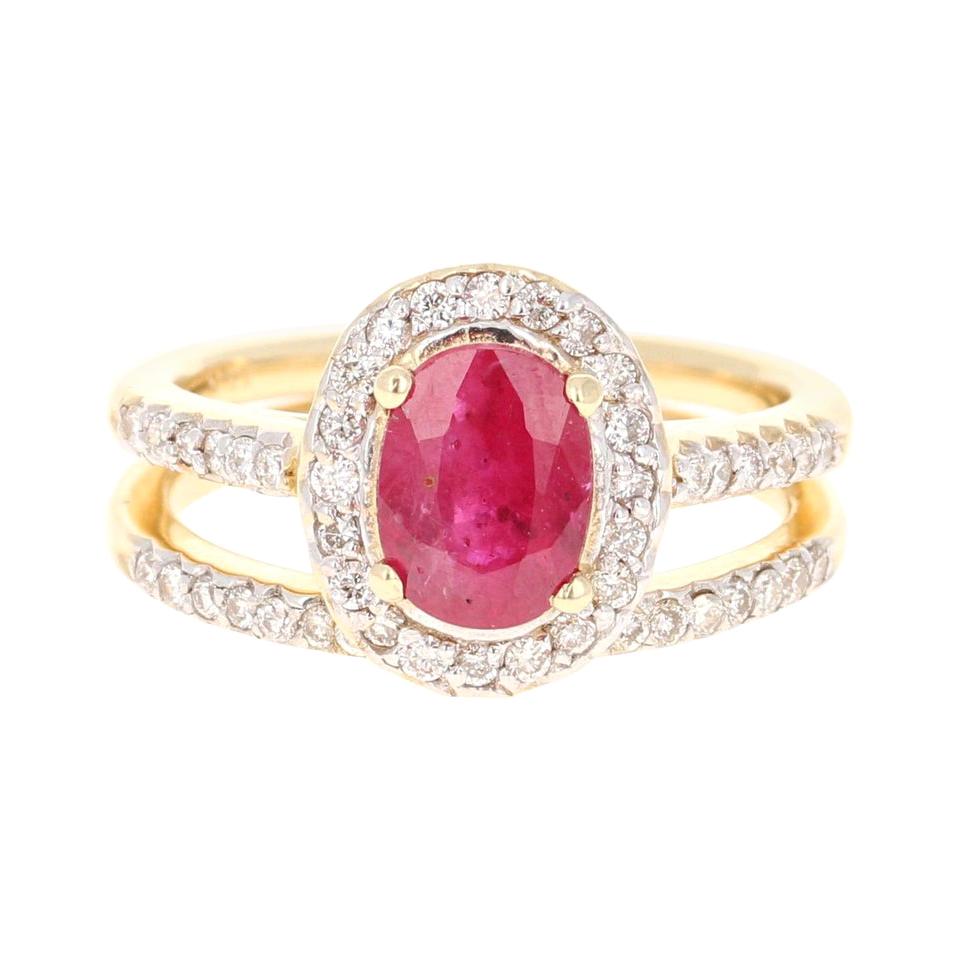 1.83 Carat Oval Cut Ruby Diamond 14 Karat Yellow Gold Engagement Ring and Band For Sale