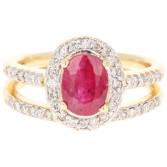 1.83 Carat Oval Cut Ruby Diamond 14 Karat Yellow Gold Engagement Ring and Band