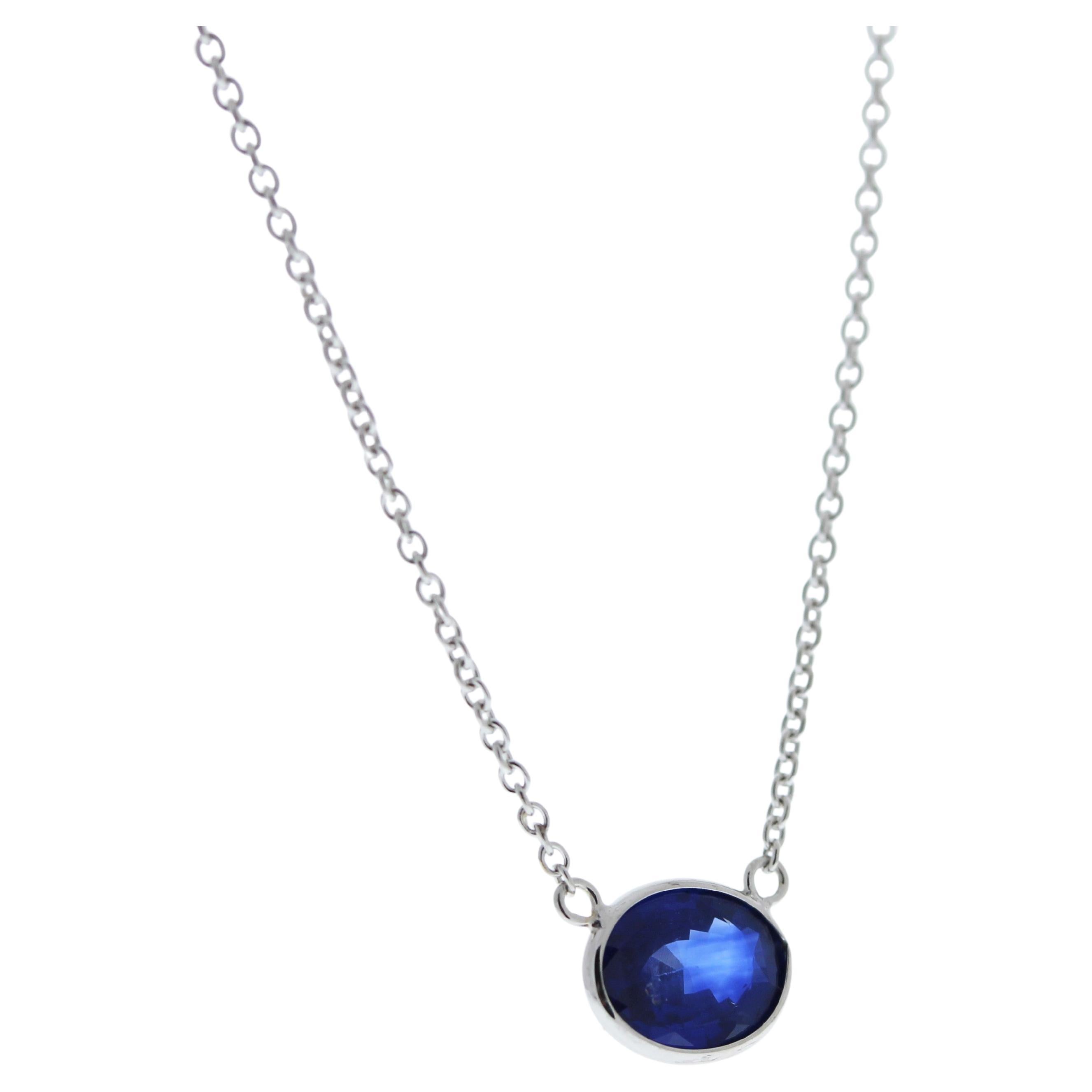 1.83 Carat Oval Sapphire Blue Fashion Necklaces In 14k White Gold For Sale