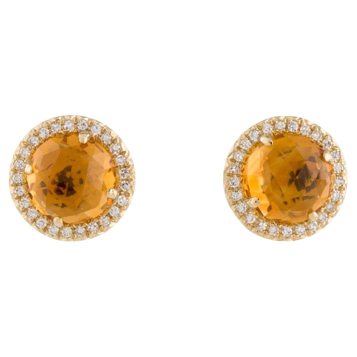 1.83 Carat Round Citrine & Diamond Yellow Gold Stud Earrings  For Sale