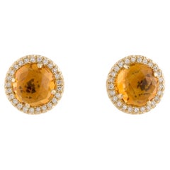 1.83 Carat Round Citrine & Diamond Yellow Gold Stud Earrings 